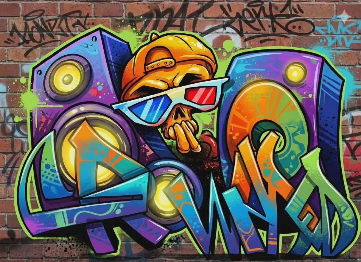 Colorful graffiti art with a cartoon emoji wearing sunglasses, surrounded by vibrant abstract shapes and a brick wall background.