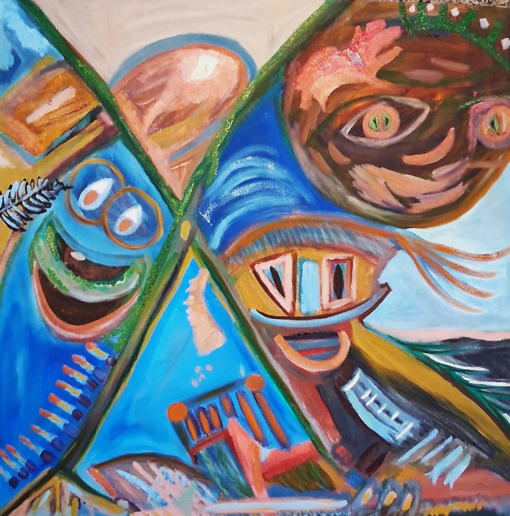 Abstract colorful painting with distorted faces, eyes, and expressive brushstrokes, divided into four sections with vibrant colors and swirling patterns.