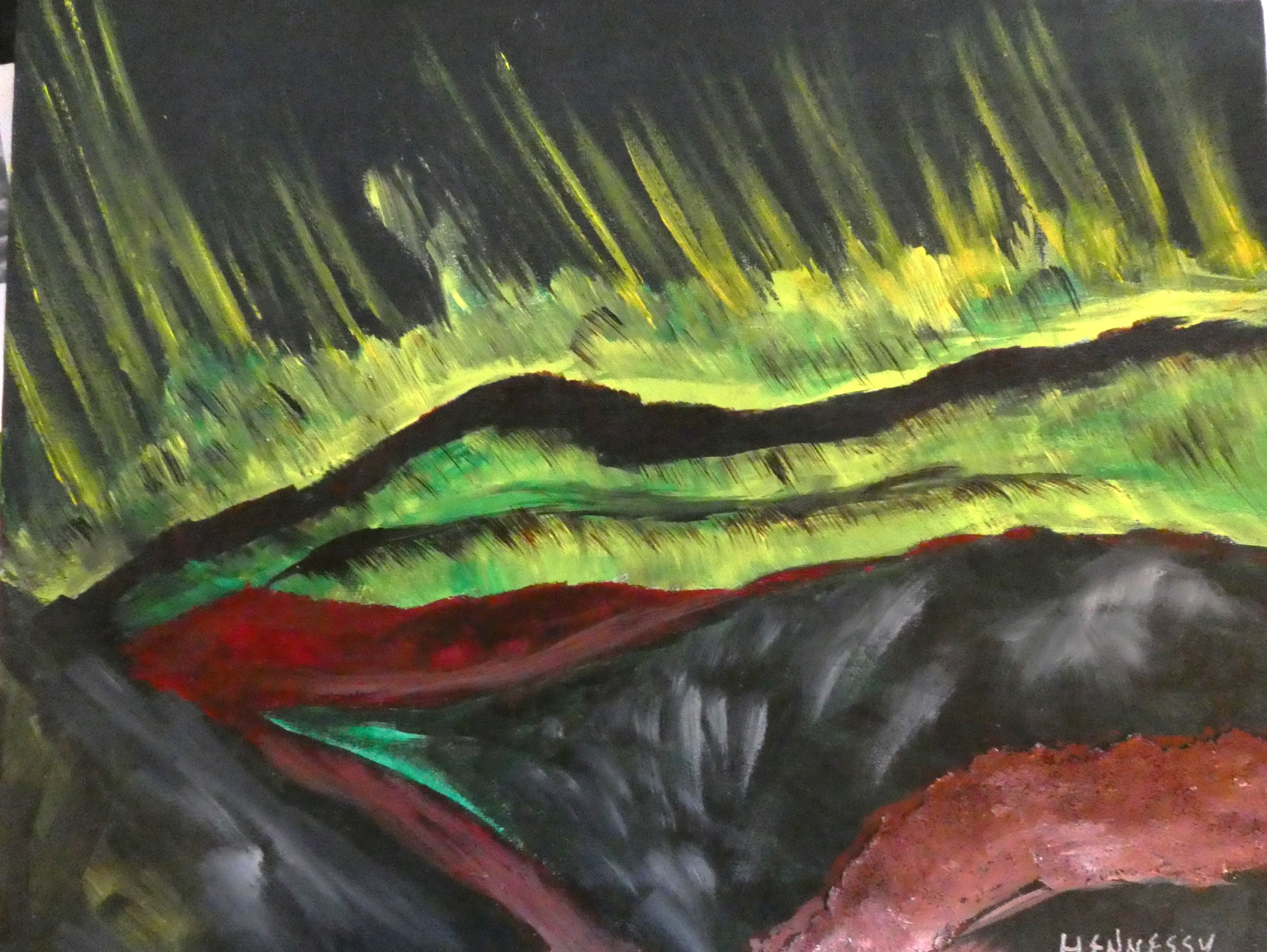 Abstract landscape with green, yellow, black, red, and gray colors, resembling a natural scene with hills and sky.