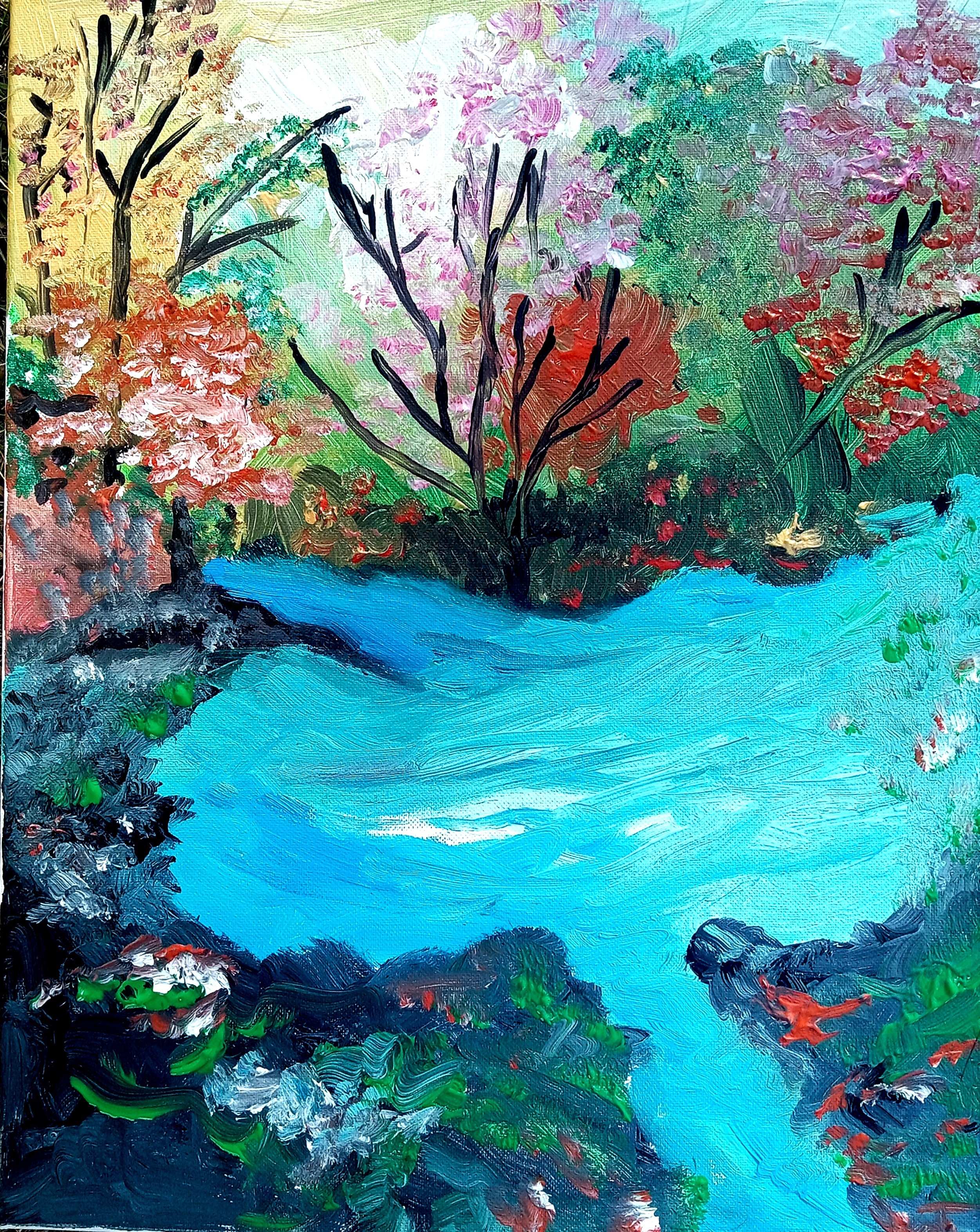 Colorful painting of a river surrounded by trees with pink, red, and green foliage, and a boat on the water.