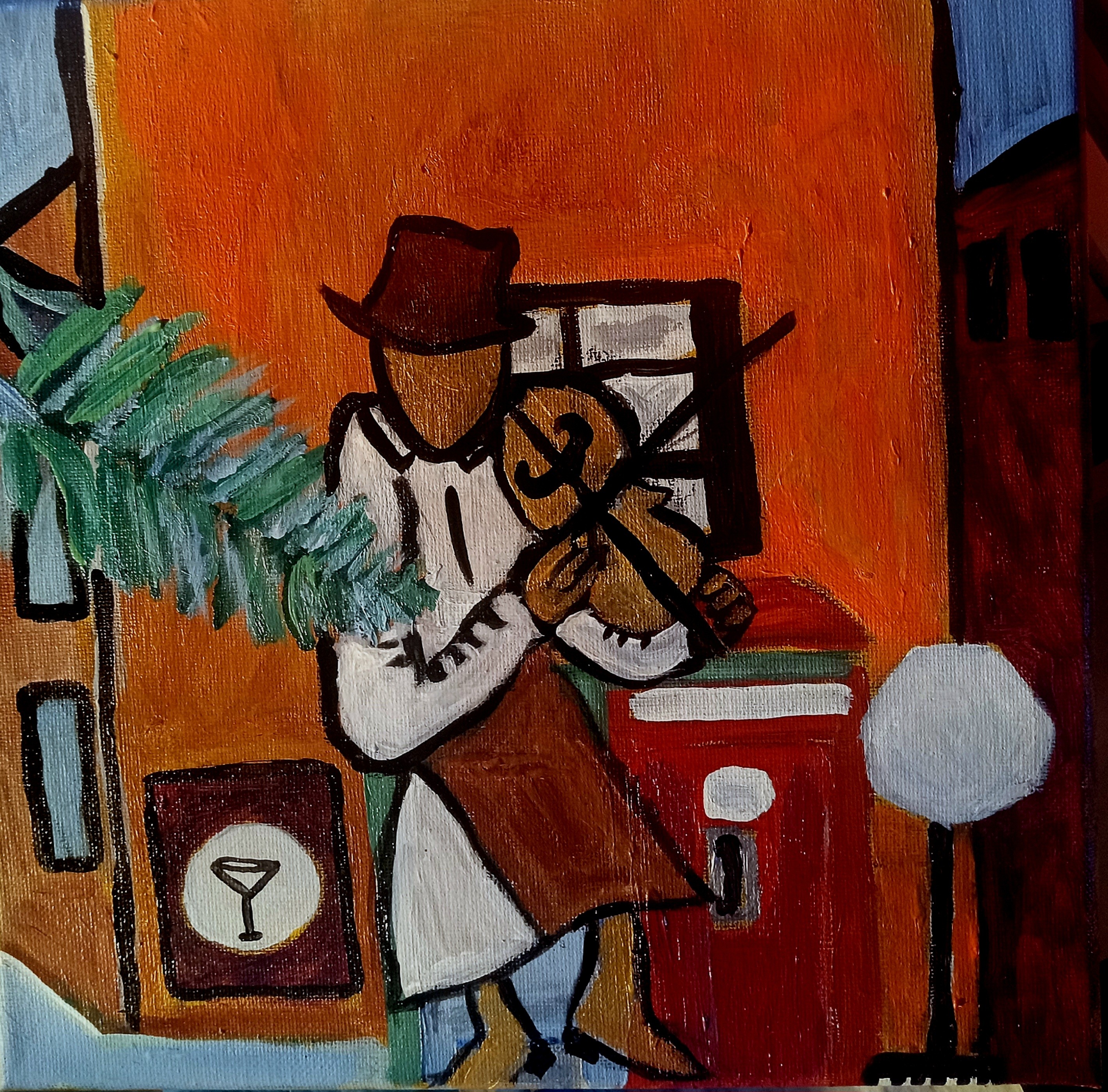 Person wearing a hat playing a violin indoors with colorful background and decorative elements.