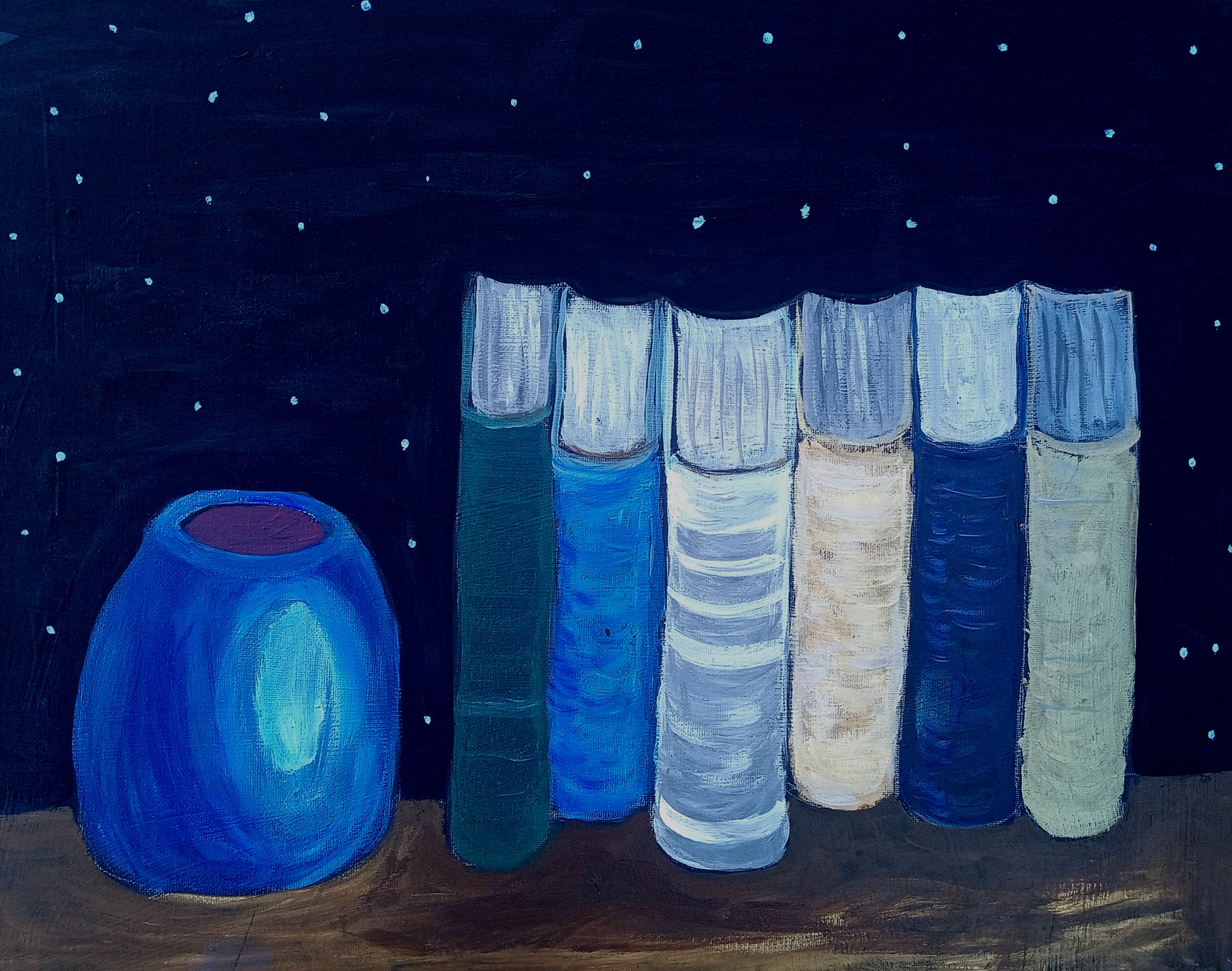 Painted blue vase and six books with blue, white, and beige covers on a wooden surface against a starry dark background.