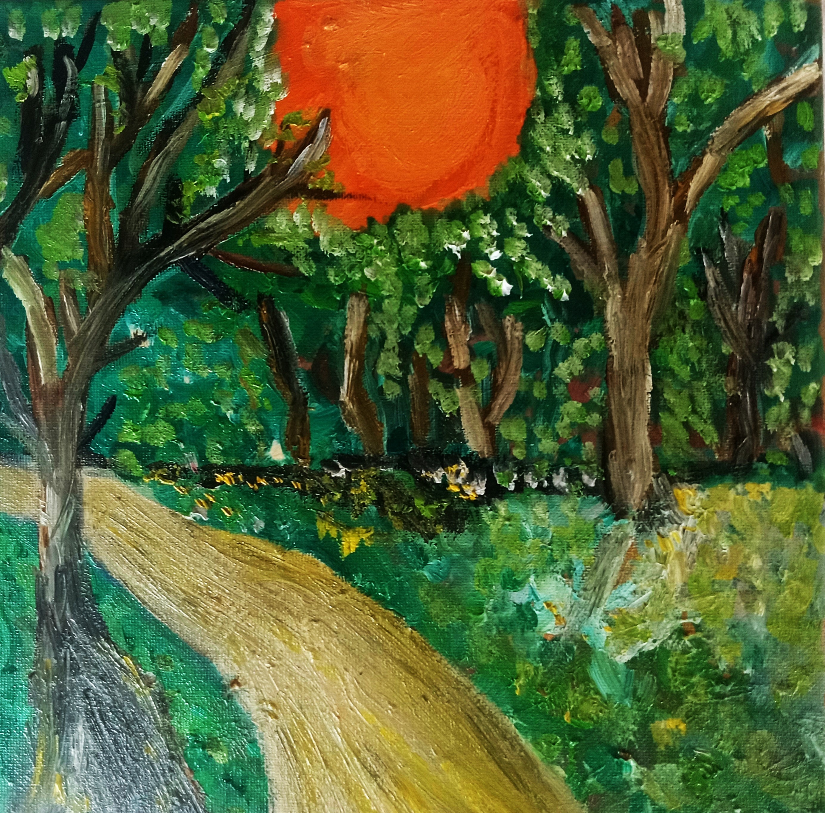 Path through a forest with trees and a large orange sun in the sky, painted in vibrant colors.
