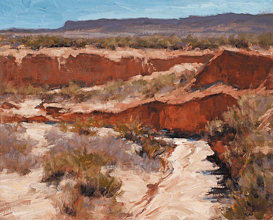 Desert landscape with reddish cliffs, a dirt path, and sparse vegetation under a blue sky.