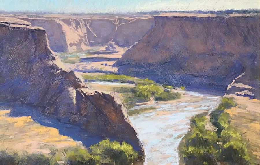 Landscape painting of a river flowing through a canyon with cliffs and green vegetation, under a clear sky.