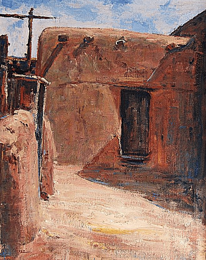 A painting of a narrow street with buildings, a door, and a utility pole, viewed from the side.
