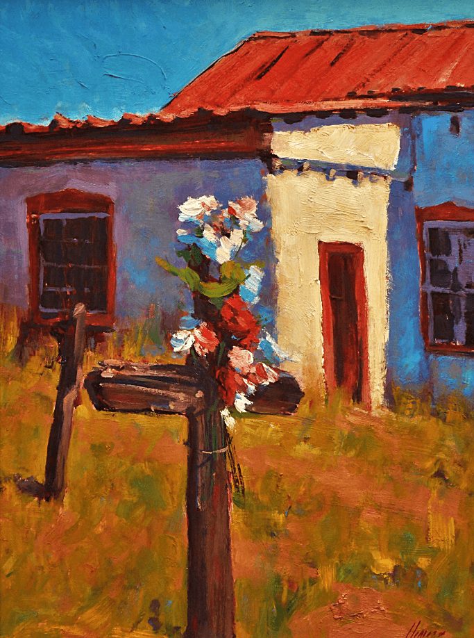 A colorful painting of a house with a red roof, blue walls, and a door, with a flower arrangement in front.