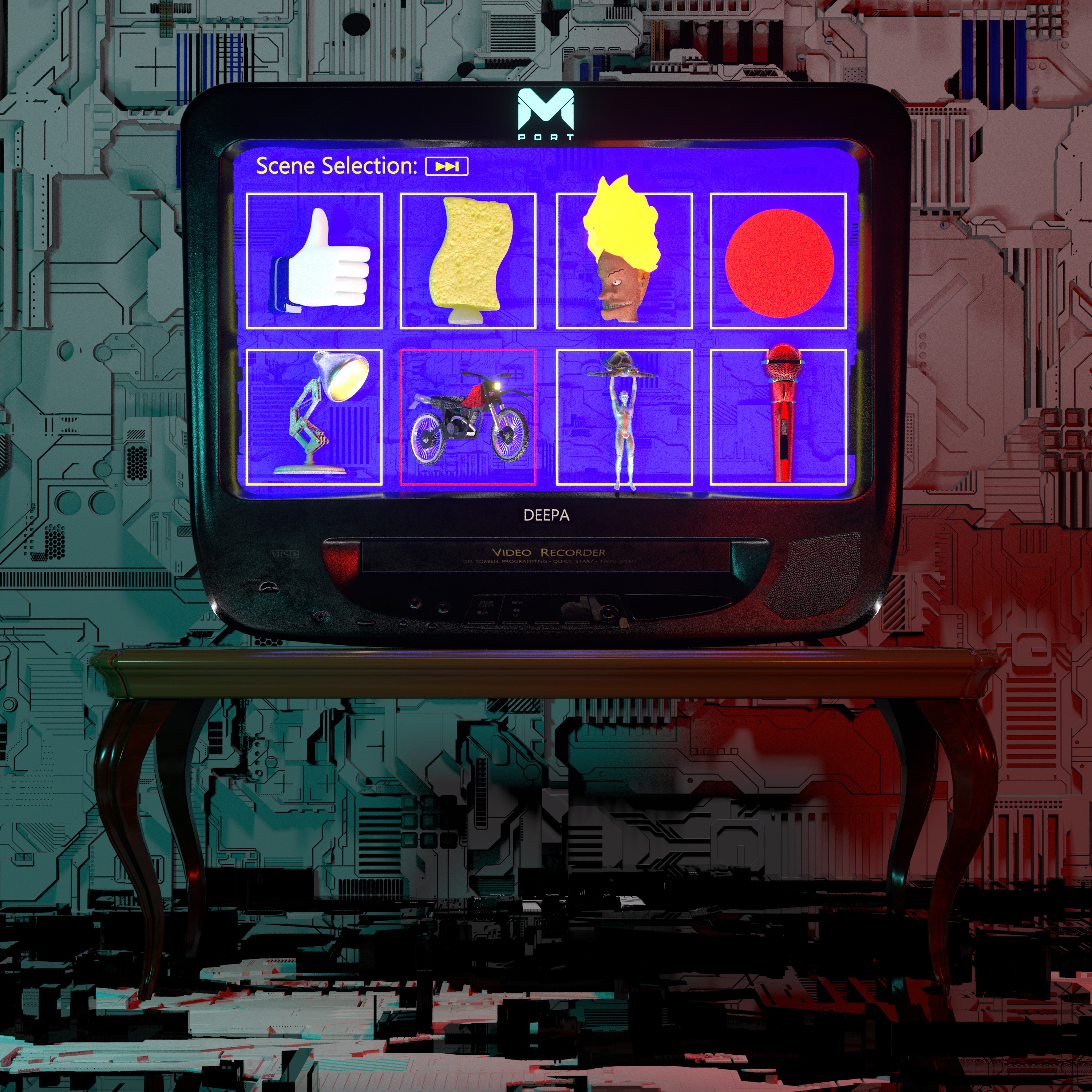 TV screen displaying scene selection options with icons of a thumbs-up, map, ice cream, red circle, lamp, motorcycle, person, and microphone, on a wooden table with a circuit board background.