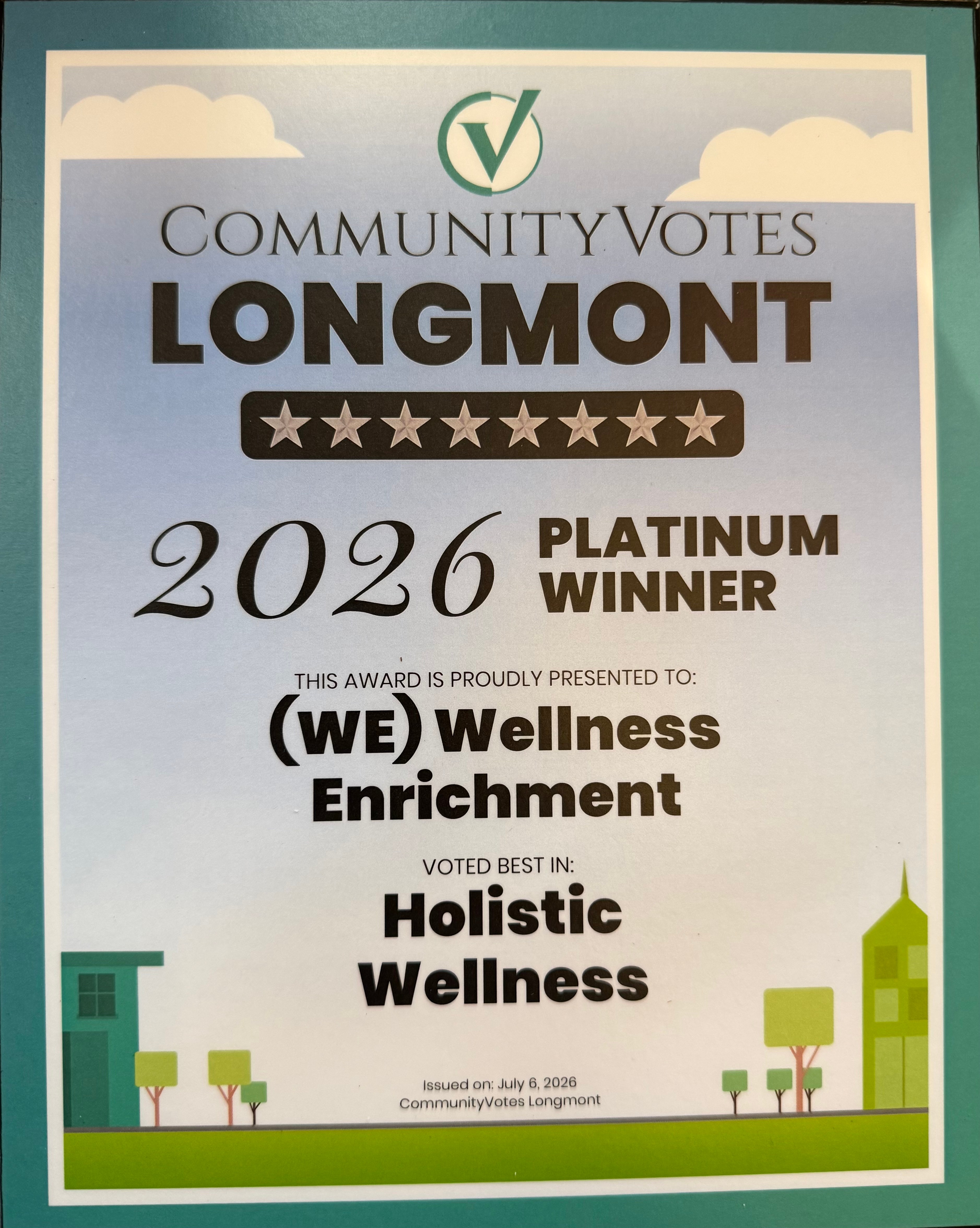 Certificate with a green border, trees, and clouds, awarded to (WE) Wellness Enrichment as a 2026 Platinum Winner.