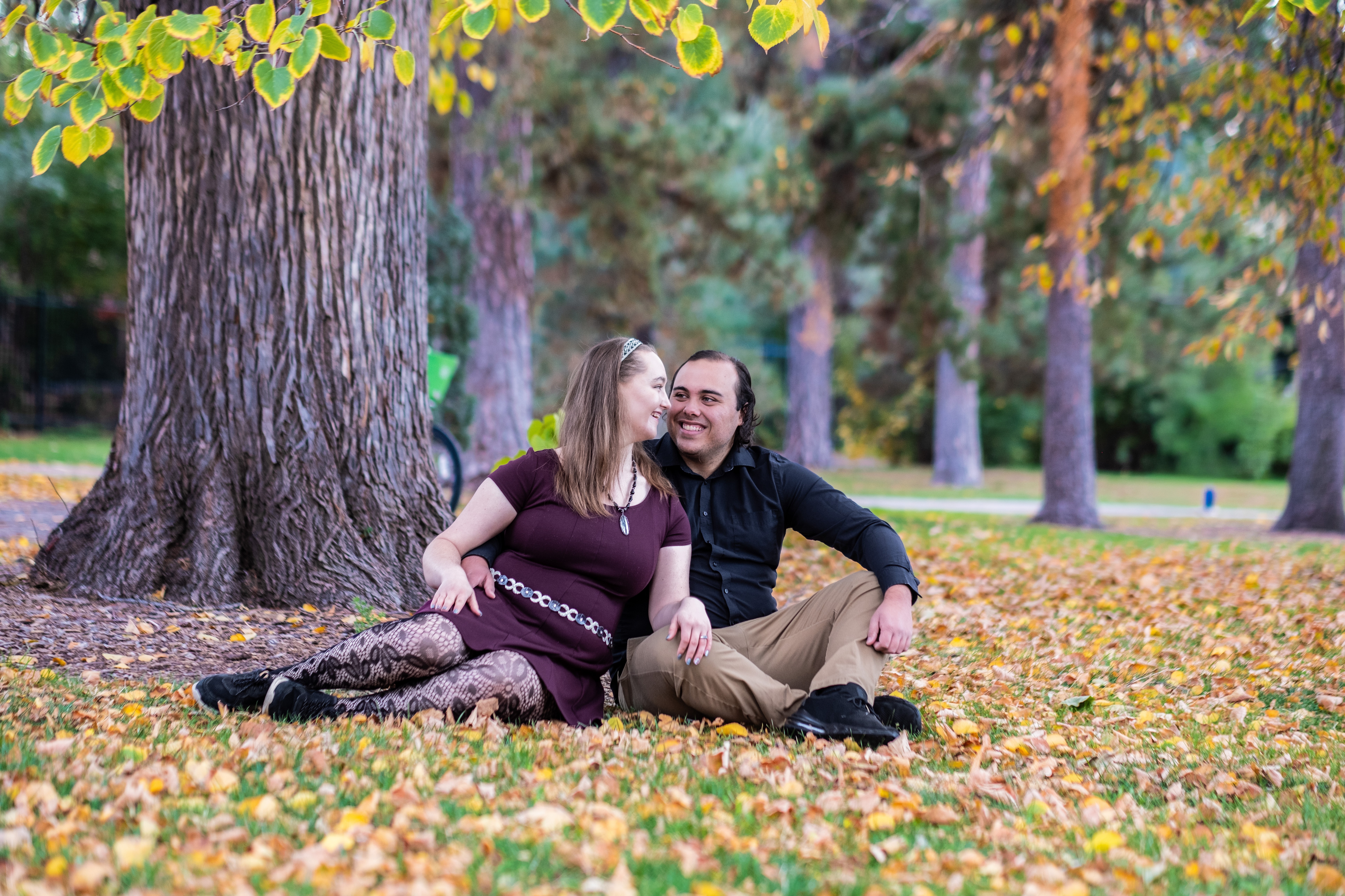 A couple sitting on the ground under a large tree, smiling and looking at each other, surrounded by fallen leaves.