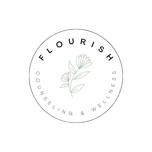 A circular logo with a flower illustration and the words 'FLOURISH' and 'COUNSELLING & WELLNESS'.