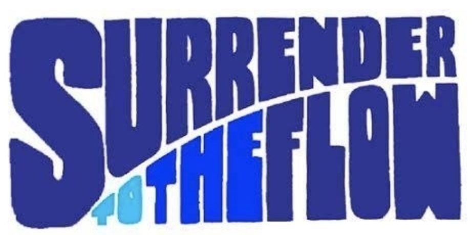 Text logo with bold blue letters reading 'SURRENDER TO THE FLOW'.