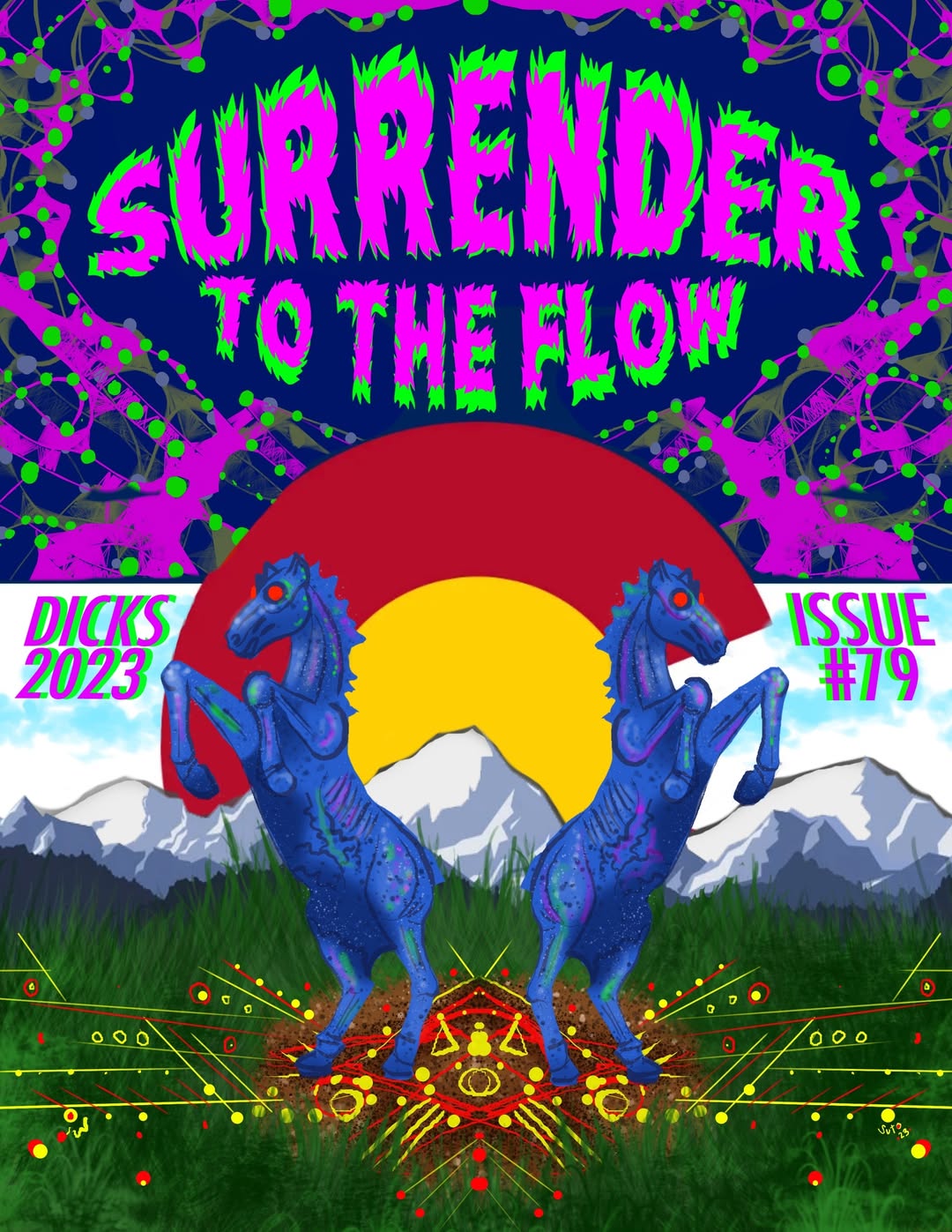 Colorful poster with two blue horses rearing in front of mountains, a large red sun, and vibrant text reading 'Surrender to the Flow'.