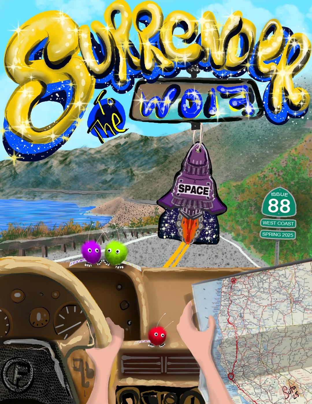View from car dashboard showing a map, two purple and green toys, and a red toy on the dashboard, with a road ahead and a sign reading 'SPACE' and '88'. The sky is blue with clouds, and mountains are in the background.