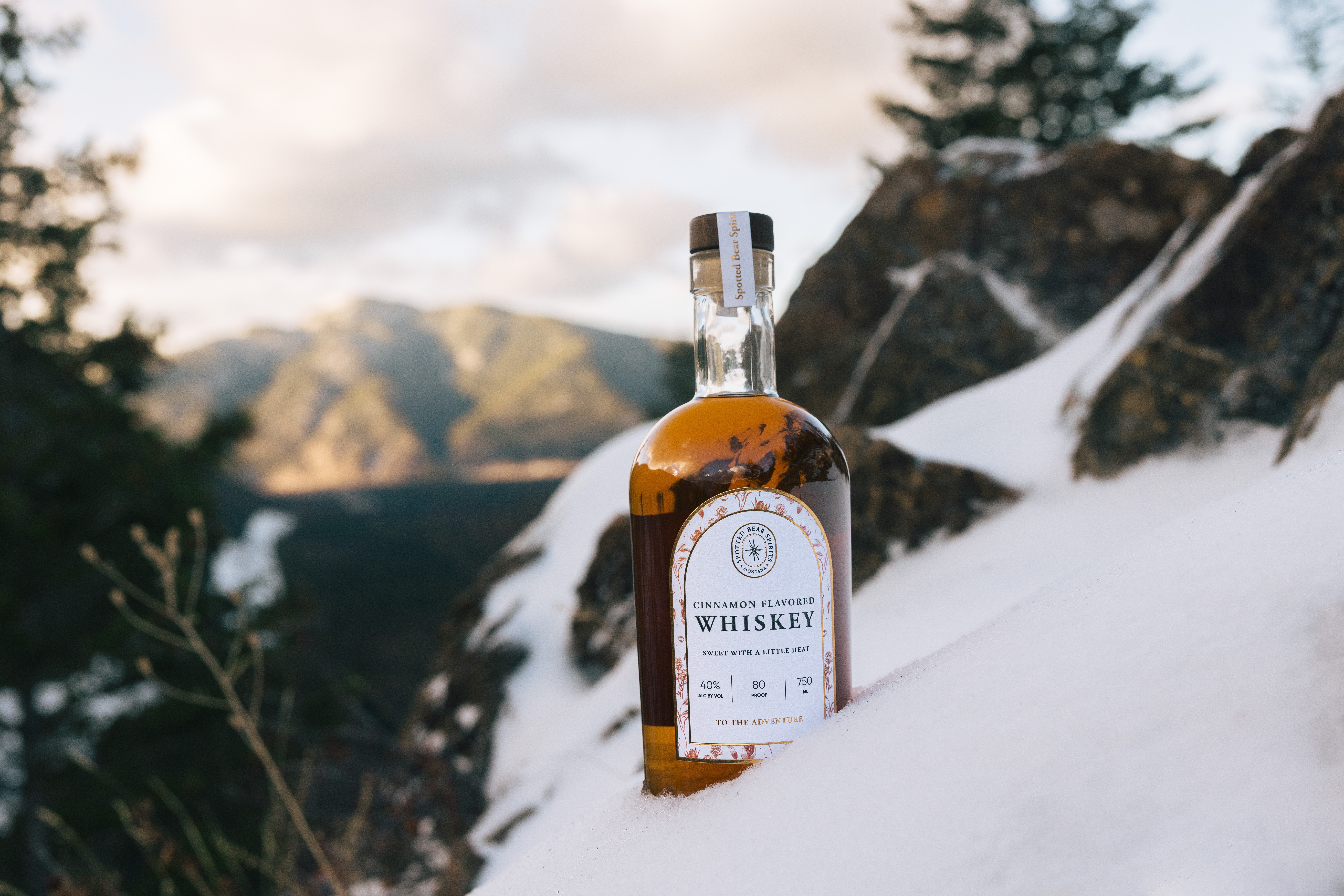 A bottle of whiskey placed on snow with mountains and trees in the background.