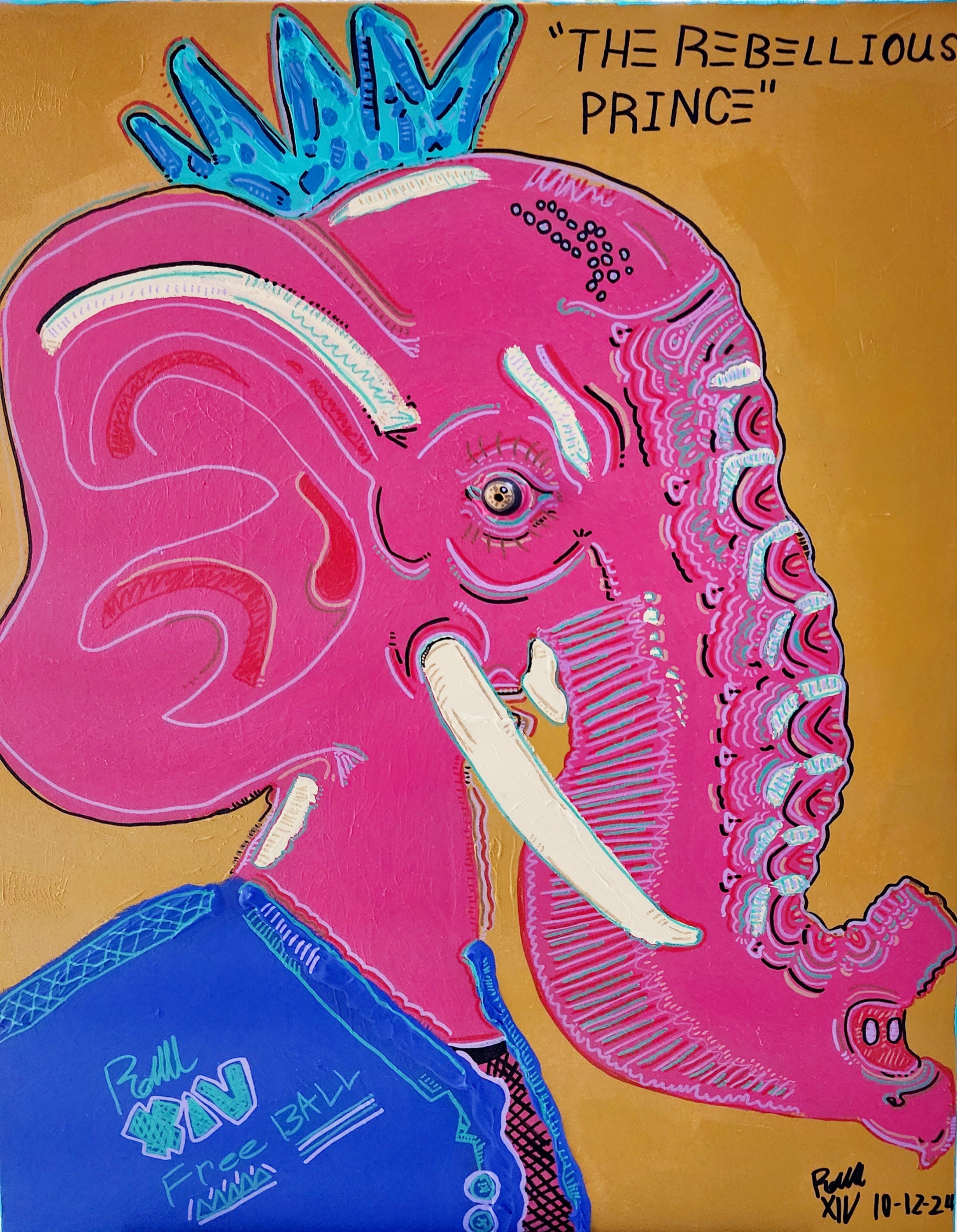 Pink elephant with blue crown, wearing a blue shirt, labeled 'The Rebellious Prince,' on a yellow background.