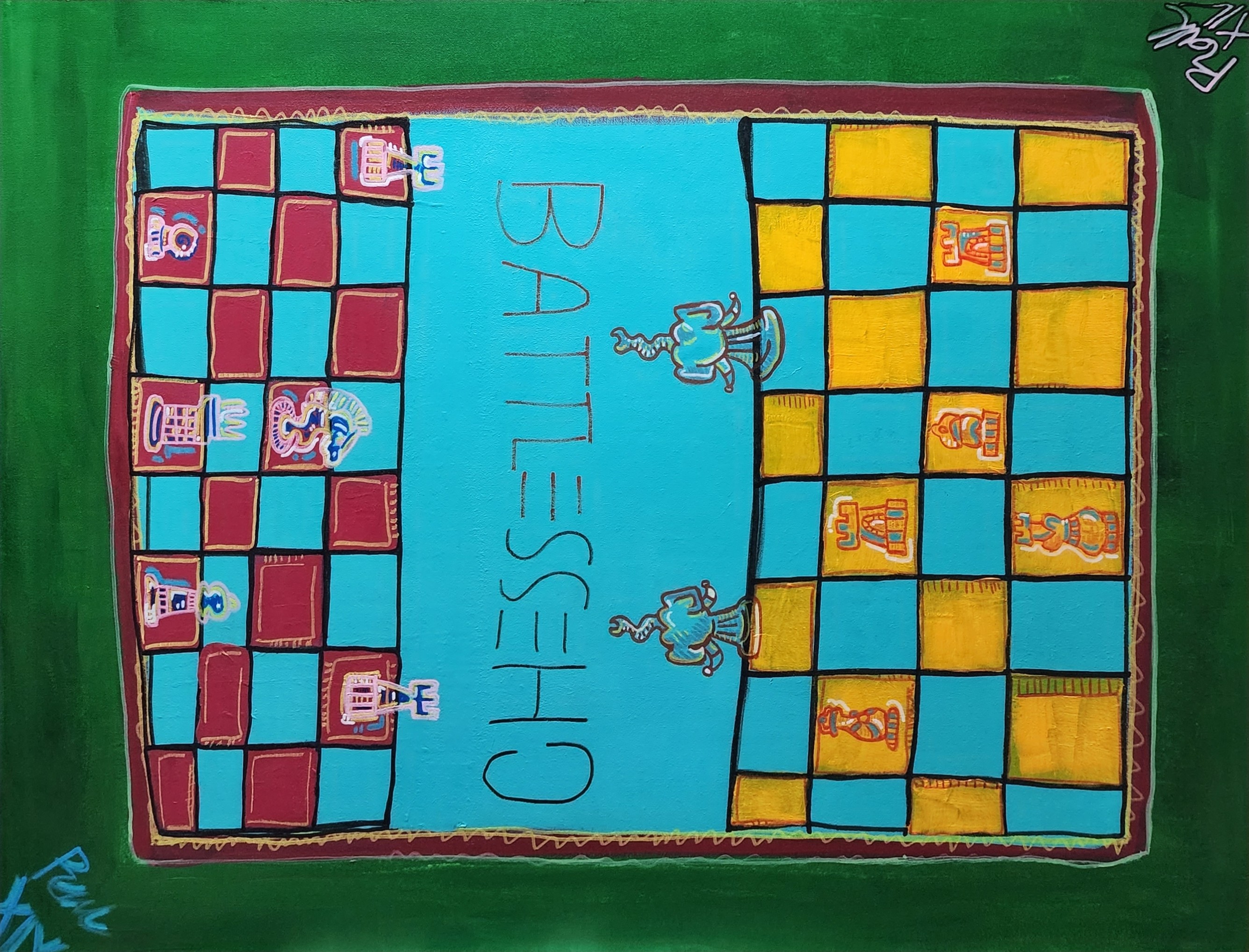 Children's chess game board with blue and yellow squares, labeled 'CHESS' in the center, with cartoon characters and game pieces.