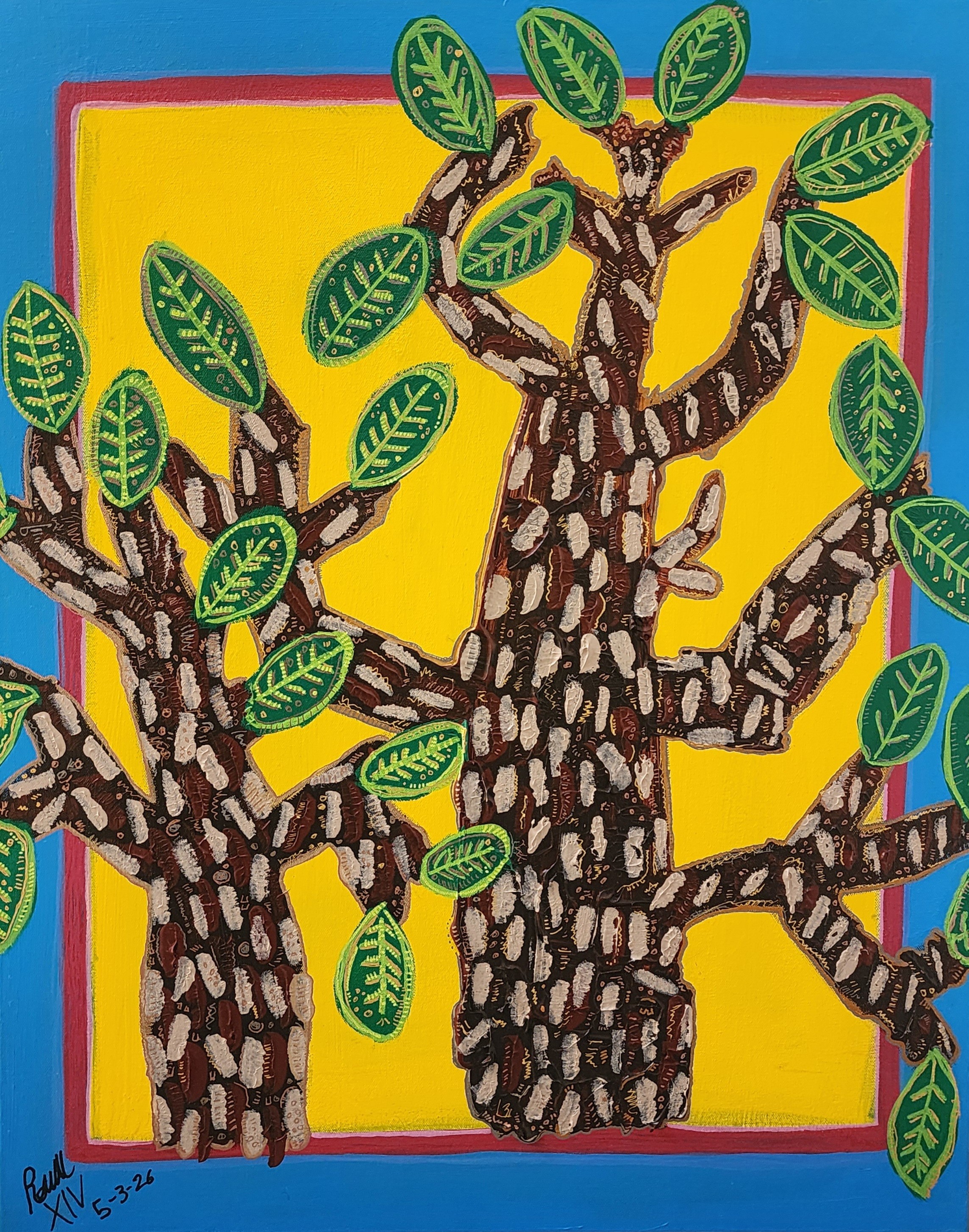 Two stylized trees with brown trunks and green leaves on a yellow background, framed by a red border.