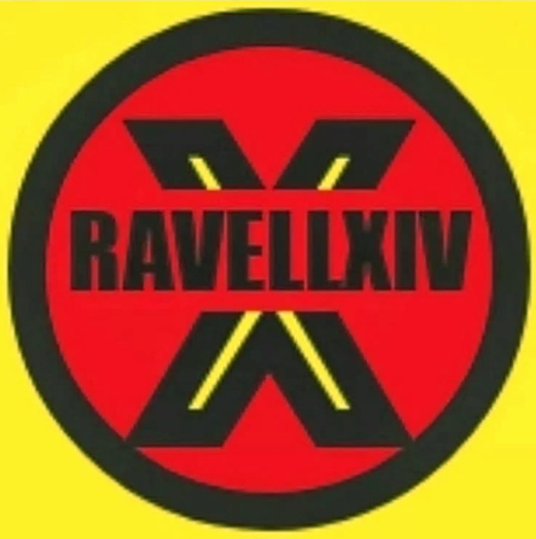 Circular logo with a yellow background, black border, red center, and black text reading 'RAVELLIKIV'.