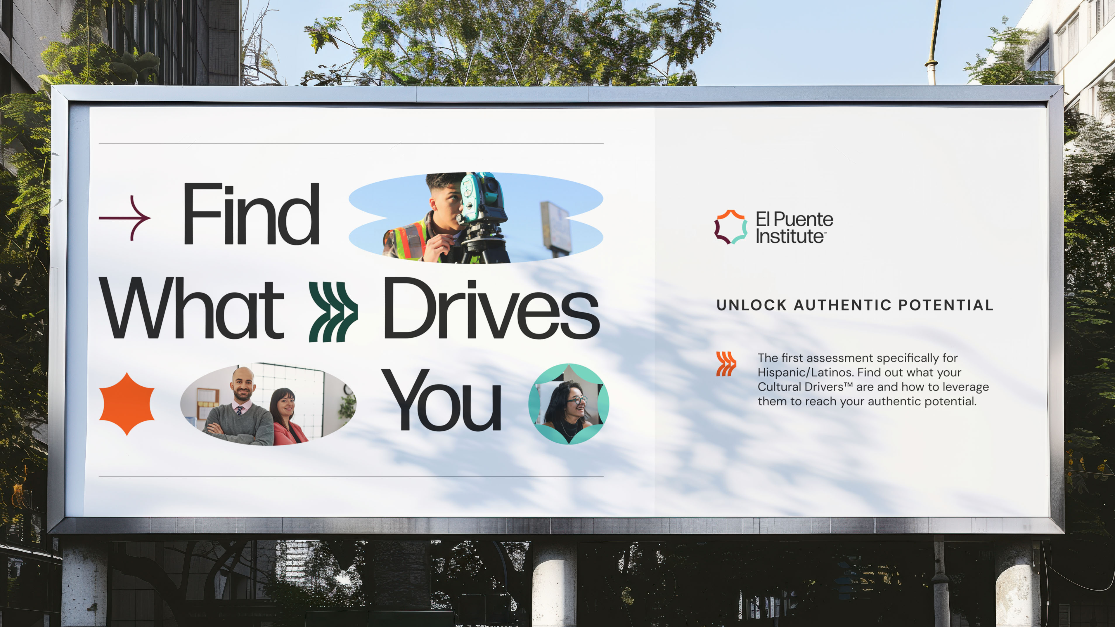 Billboard with text 'Find What Drives You' and images of people, with logo and additional text on the right.