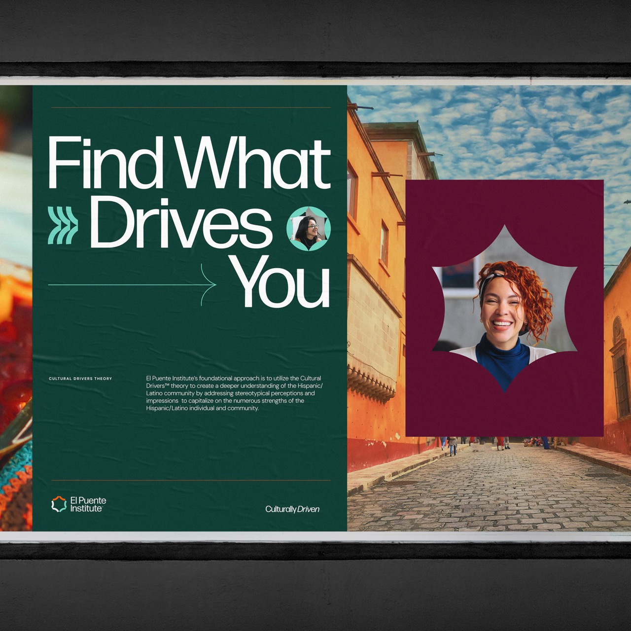 Advertisement with text 'Find What Drives You' and a smiling woman with curly hair in a photo frame, background of a street and buildings.