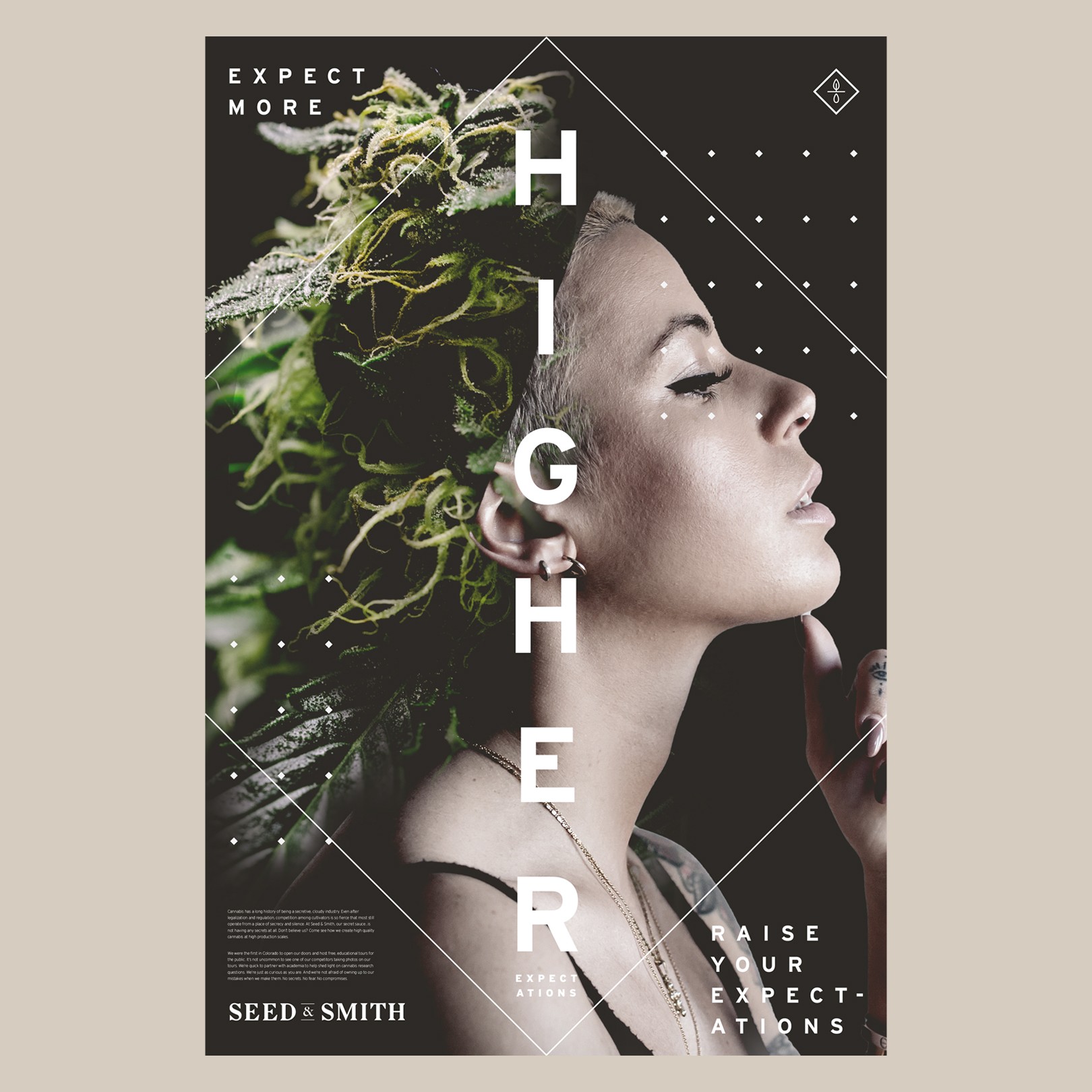Profile of a woman with a large plant on her head, text reading 'HIGHLIGHTER' and motivational phrases, modern design.