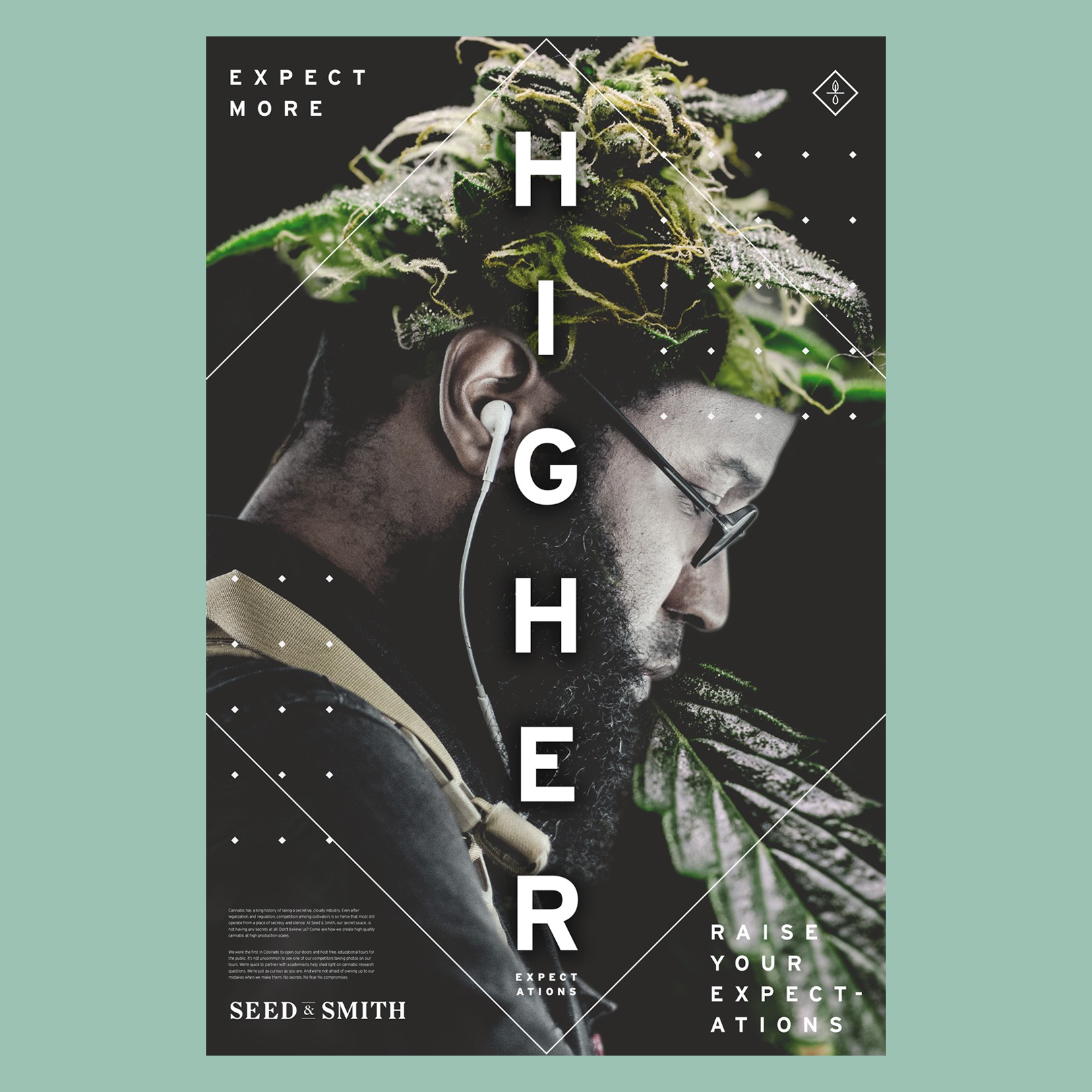 Profile of a person with dreadlocks, glasses, and earphones, with text about high expectations and growth.