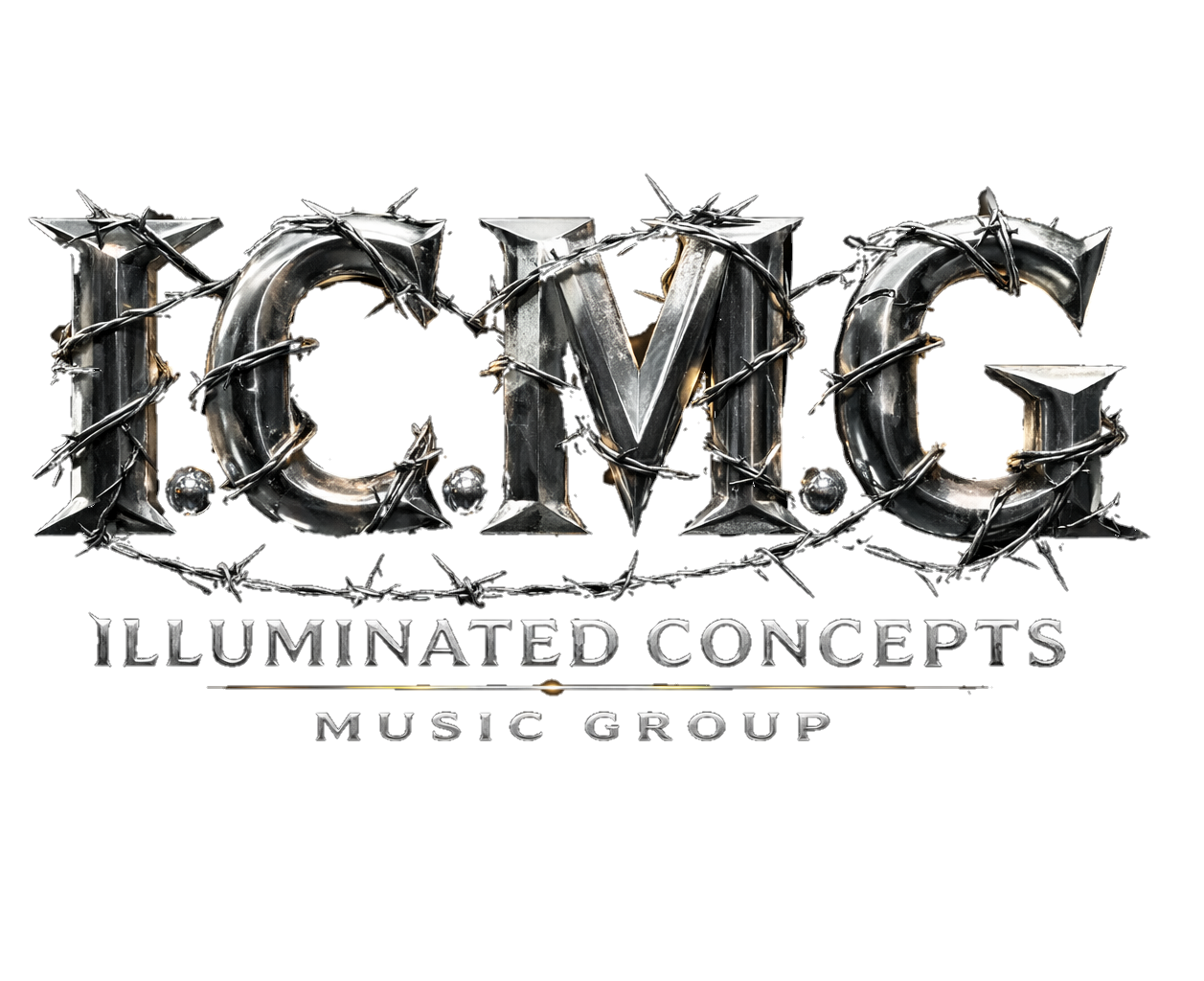 Logo with metallic, spiked text reading 'ICMG' and 'Illuminated Concepts Music Group' below, on a black background.