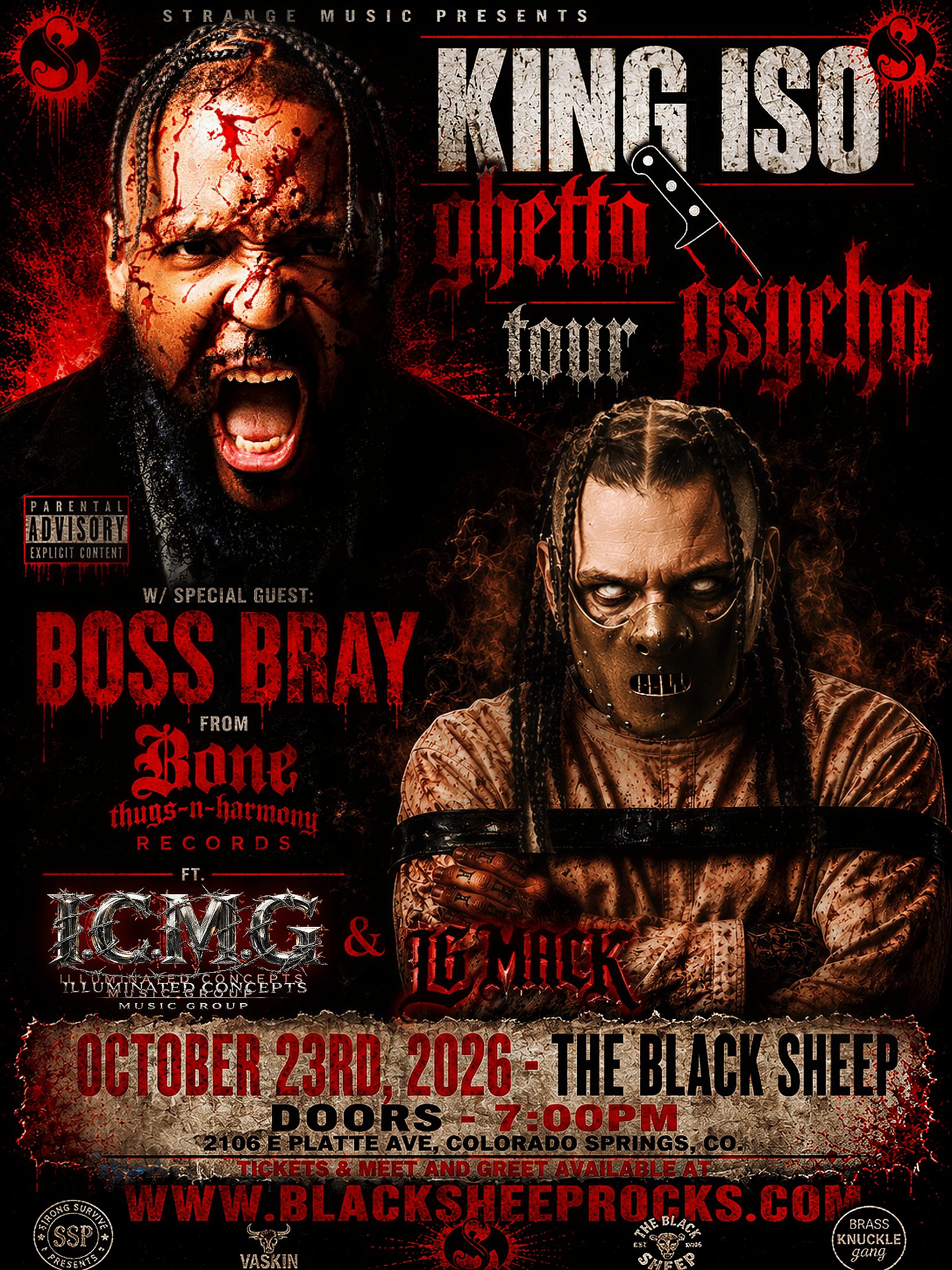 Two men with dark makeup and intense expressions, one with blood on face, against a red and black background with text.
