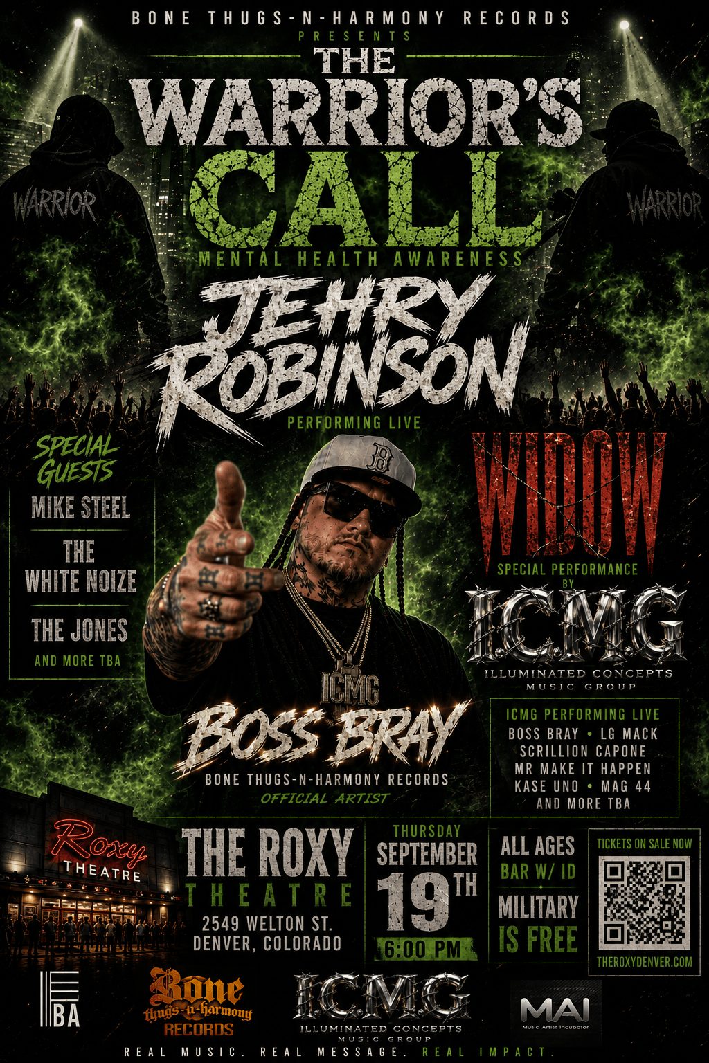 Concert poster featuring The Warriors Call, Jehrry Robinson, and Boss Brax, with a person wearing sunglasses and a cap, giving a thumbs-up.