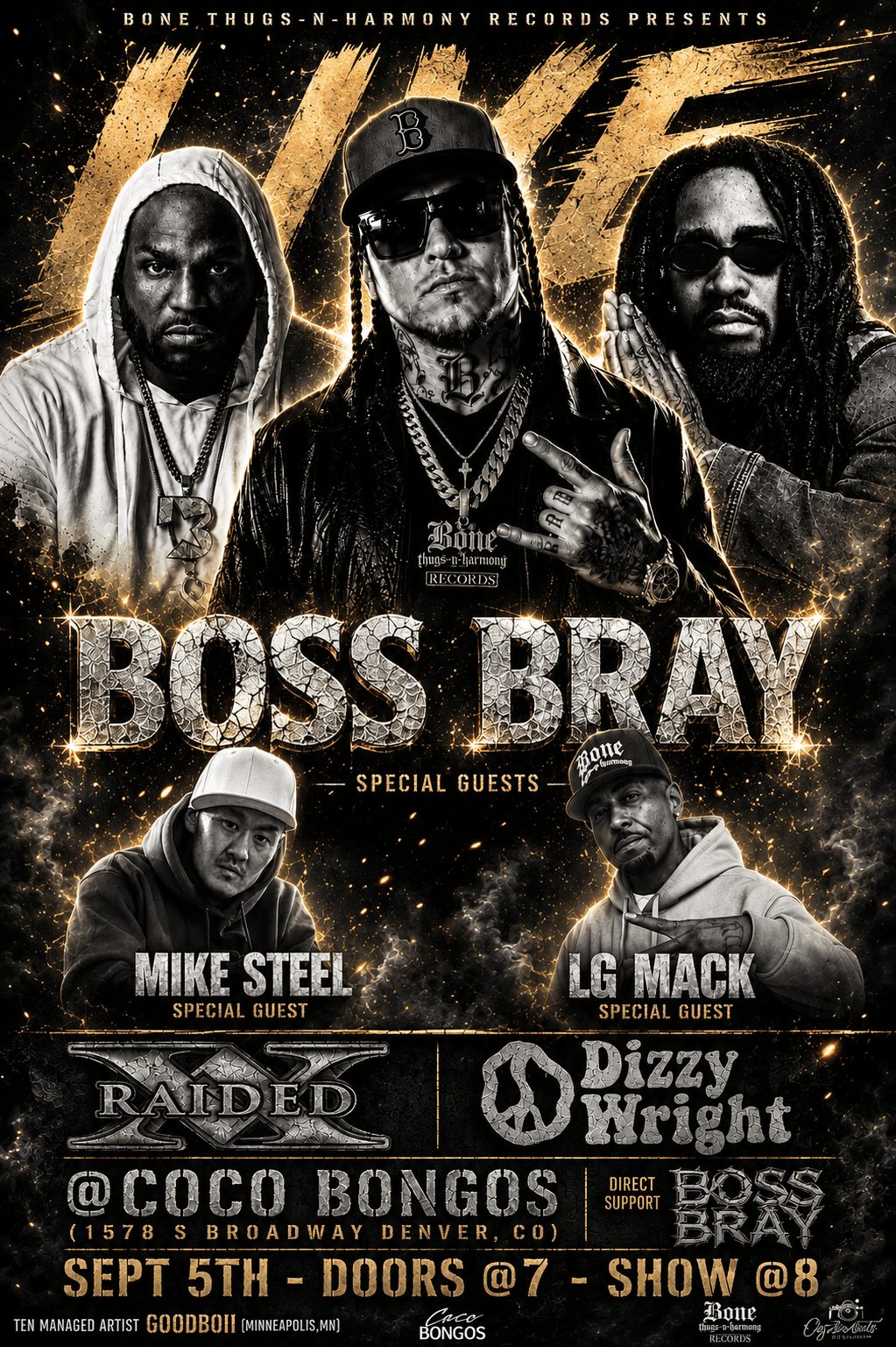 Promotional poster featuring five male artists with dark backgrounds and gold accents, titled 'Boss Bray' with event details.