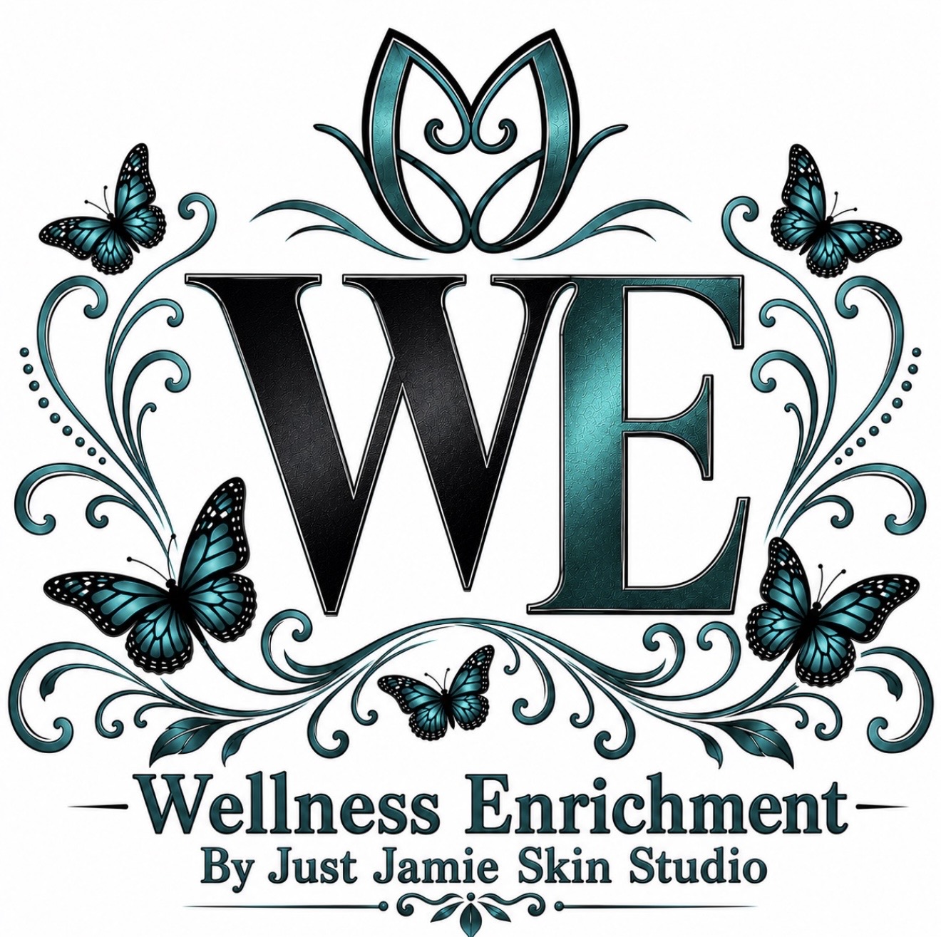 Logo with large letters 'WE', surrounded by butterflies and decorative swirls, with text 'Wellness Enrichment by Just Jamie Skin Studio'.