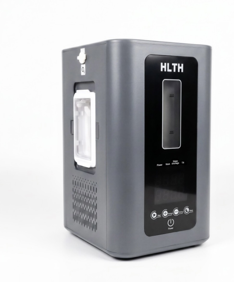 Gray medical device with a black display panel and control buttons, labeled HLTH, on a white background.