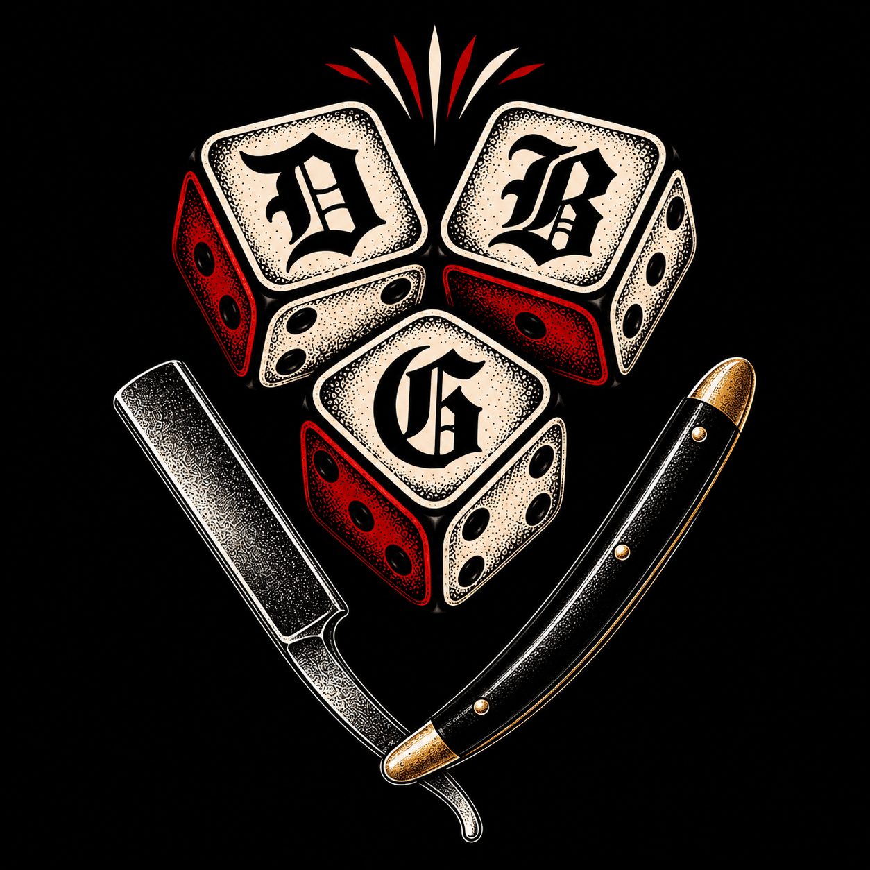 Four dice with letters D, B, G, and a fountain pen and a lighter on a black background.