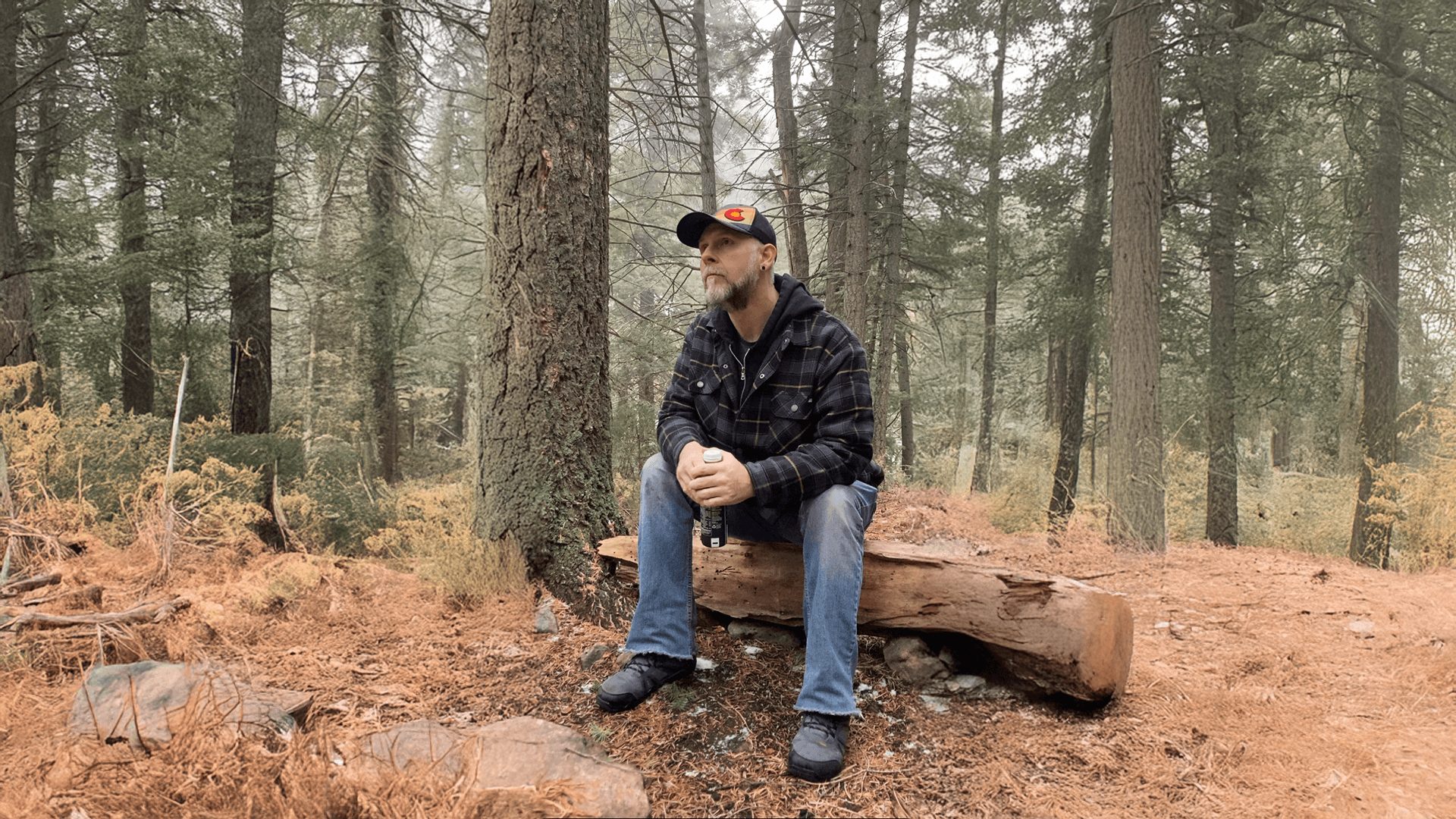Man sitting on a log in a forest, wearing a black jacket, jeans, and a cap, surrounded by trees and fallen leaves.