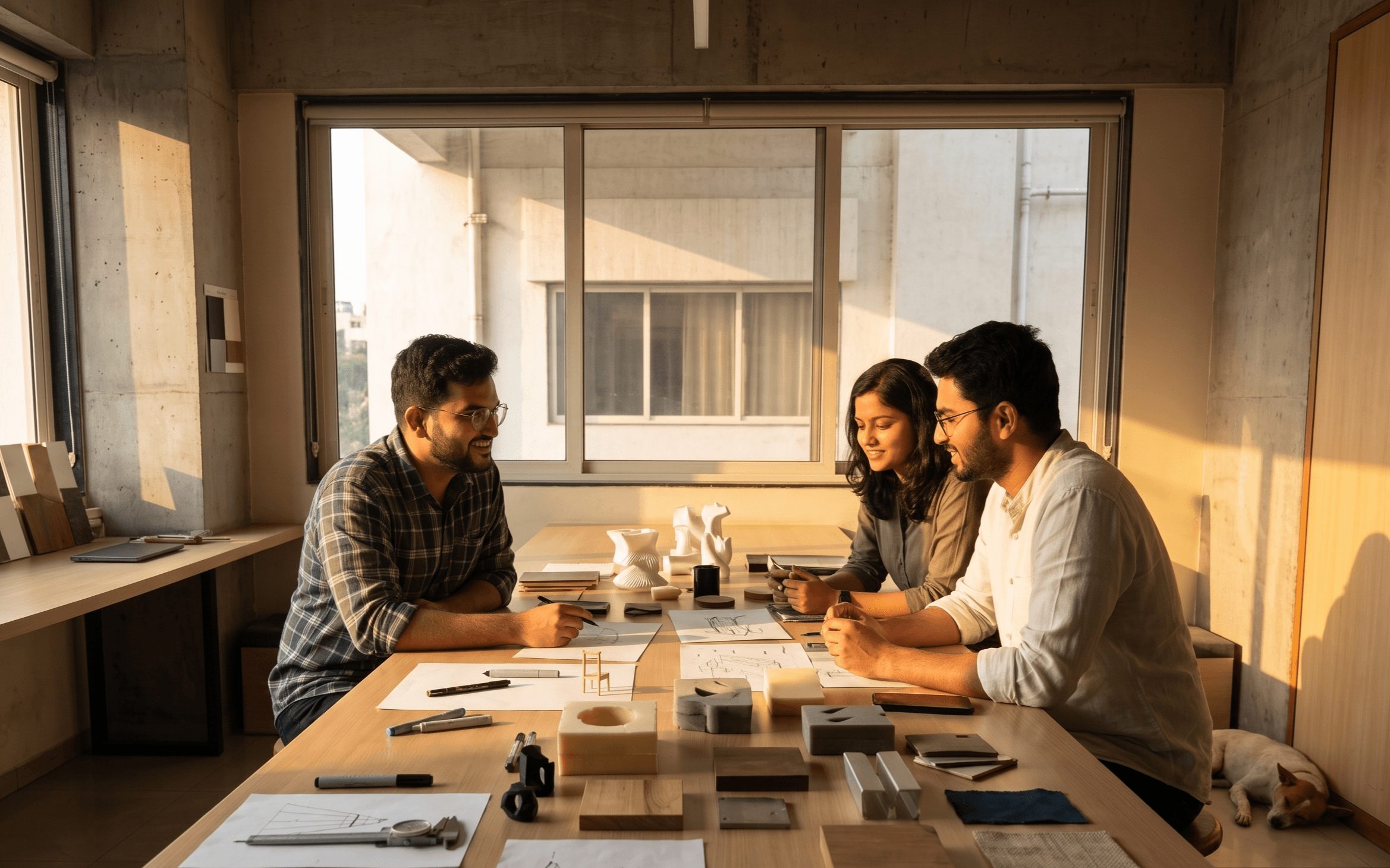 Three people sit at a table in a room with large window, sunlight, and various office supplies on the table.