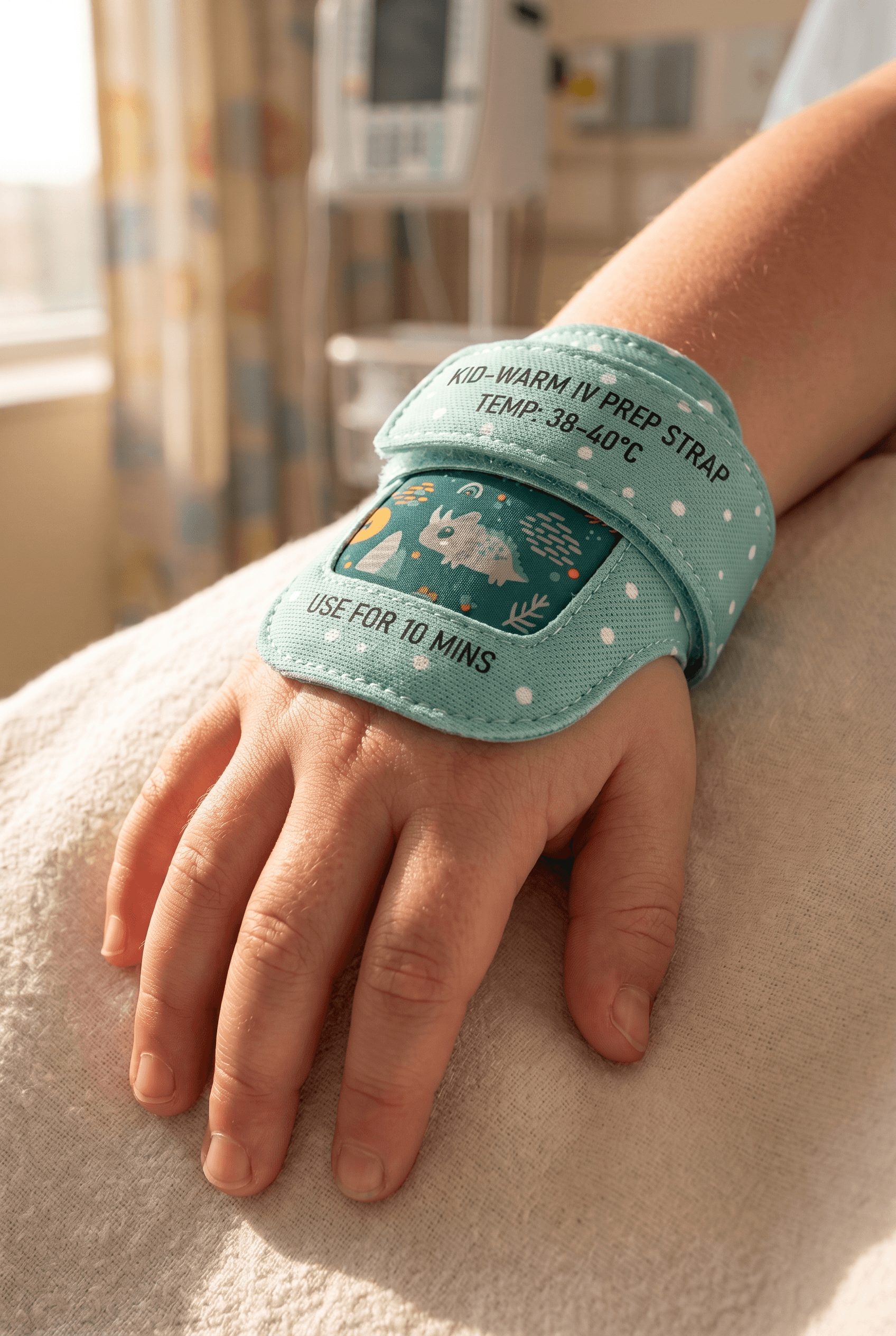 Hospital wristbands on a person's wrist, displaying medical information and a snowflake design, in a clinical setting.