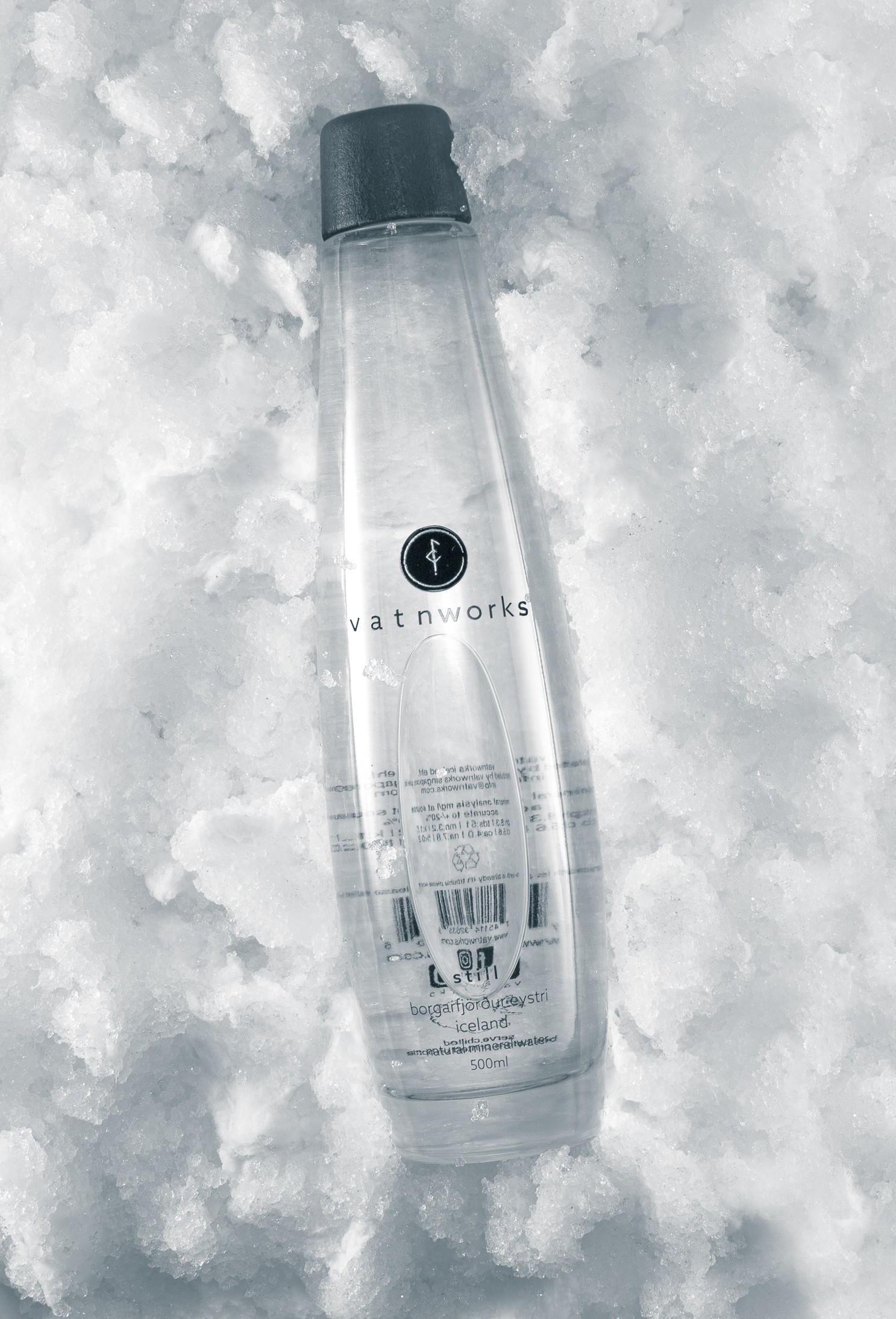 Clear plastic water bottle with black cap lying on snow, label visible, outdoors.