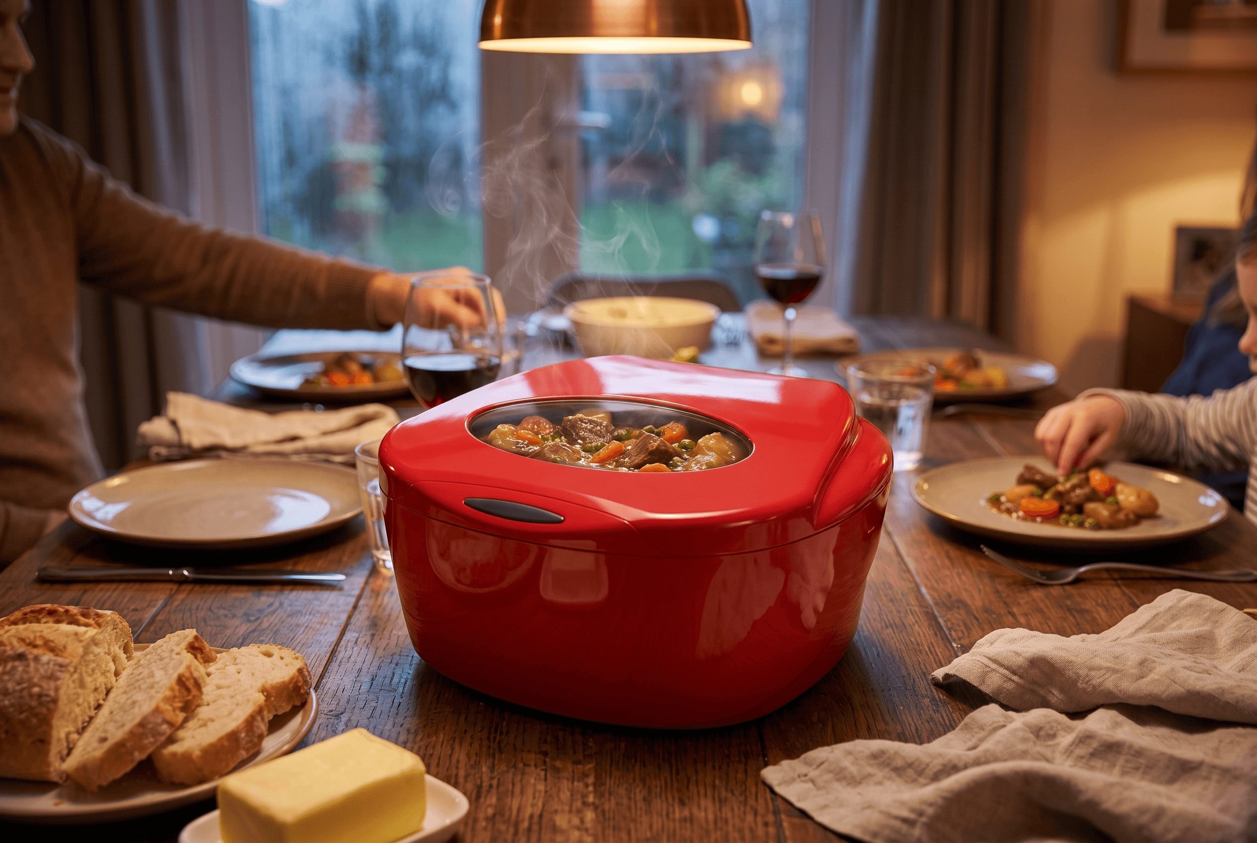 A red electric hot pot on a dining table with food, surrounded by plates, bread, and butter, in a cozy room.