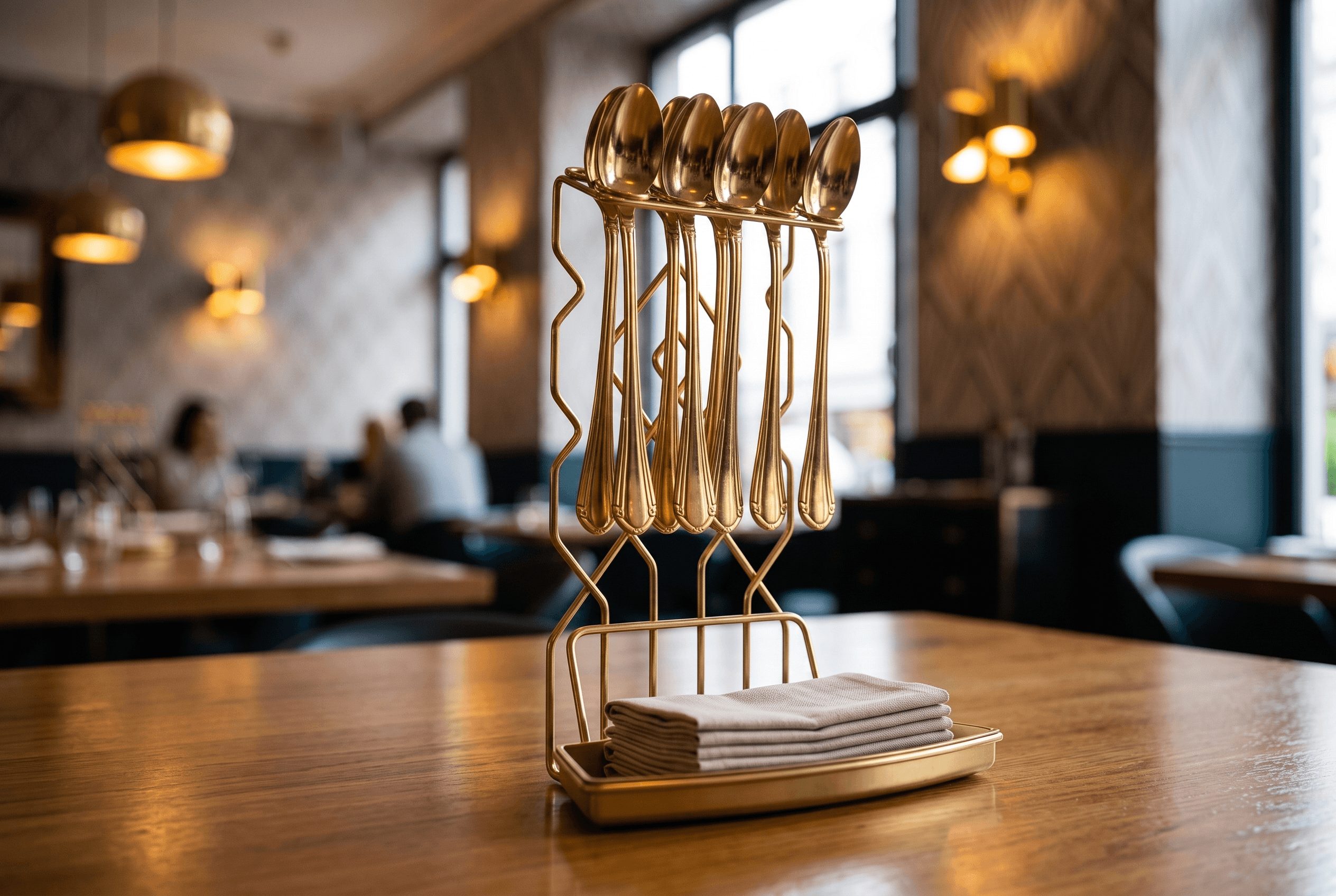 Golden spoons in a holder on a wooden table in a restaurant with warm lighting and blurred background.