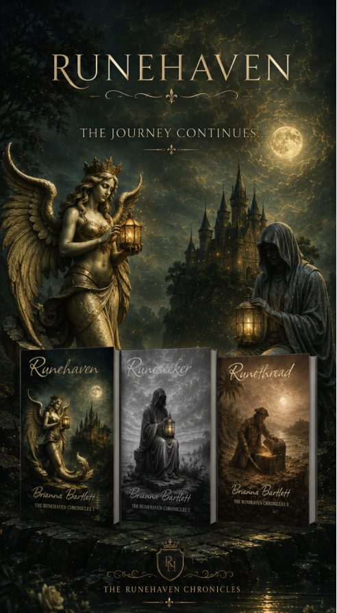 Book cover titled 'Runehaven: The Journey Continues' with a castle, a woman with a lantern, and a moonlit sky.