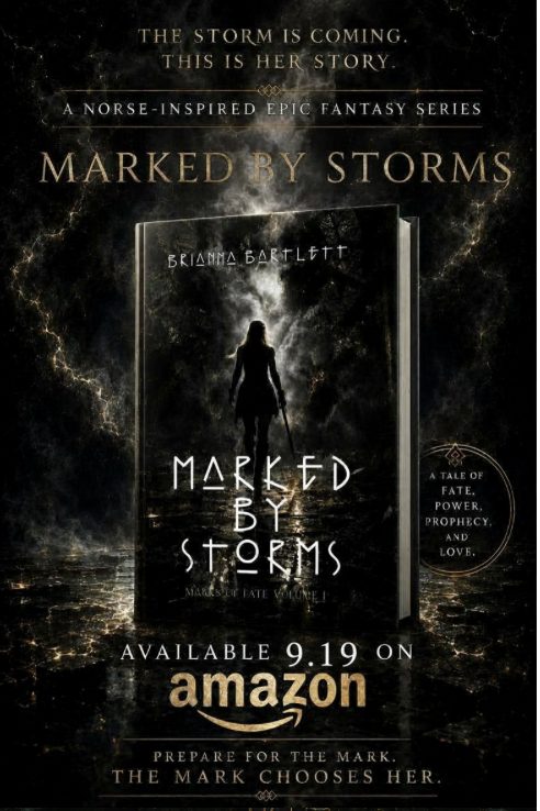 Book cover with a silhouette of a person in a stormy sky, title 'Marked by Storms,' and Amazon logo.