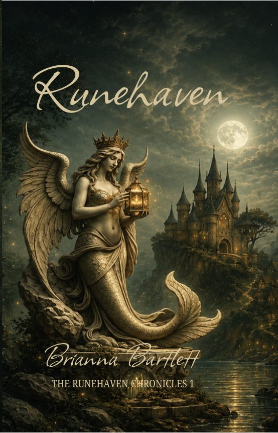 A fantasy scene with a winged mermaid holding a lantern, a castle in the background, and a full moon in the sky.