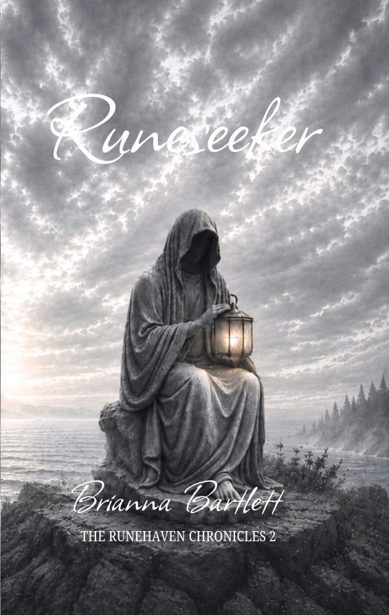 A statue of a hooded figure holding a lantern, with a cloudy sky and landscape in the background.