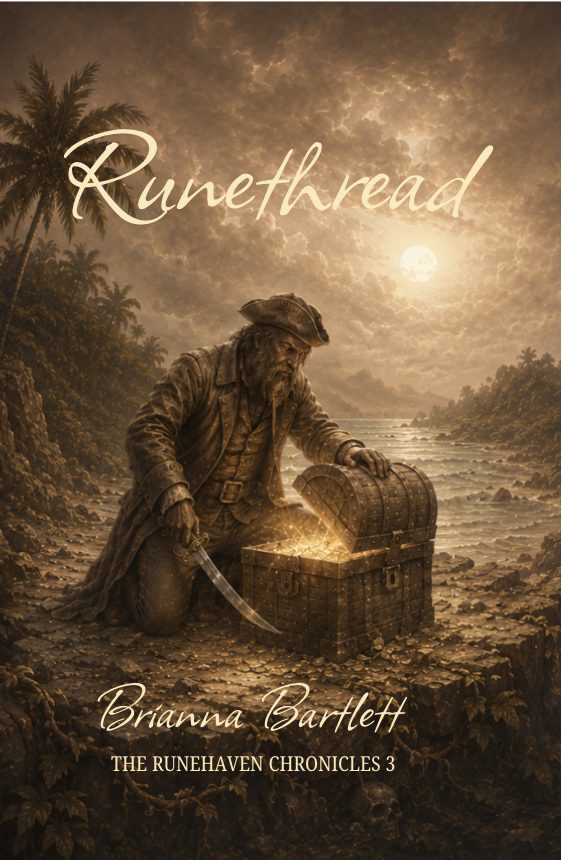 Kneeling person opening a treasure chest near water under a cloudy sky with a bright moon, trees in the background.