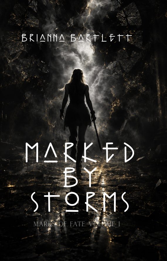 Silhouette of a person standing in a dark forest with light shining through trees, book title and author text overlayed.