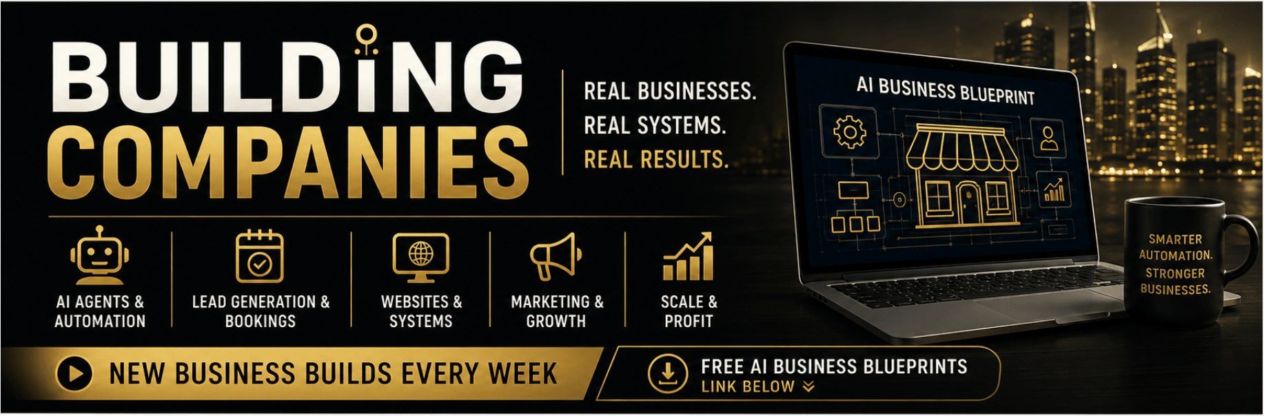 Text and icons about building companies, business blueprints, and digital tools on a cityscape background.