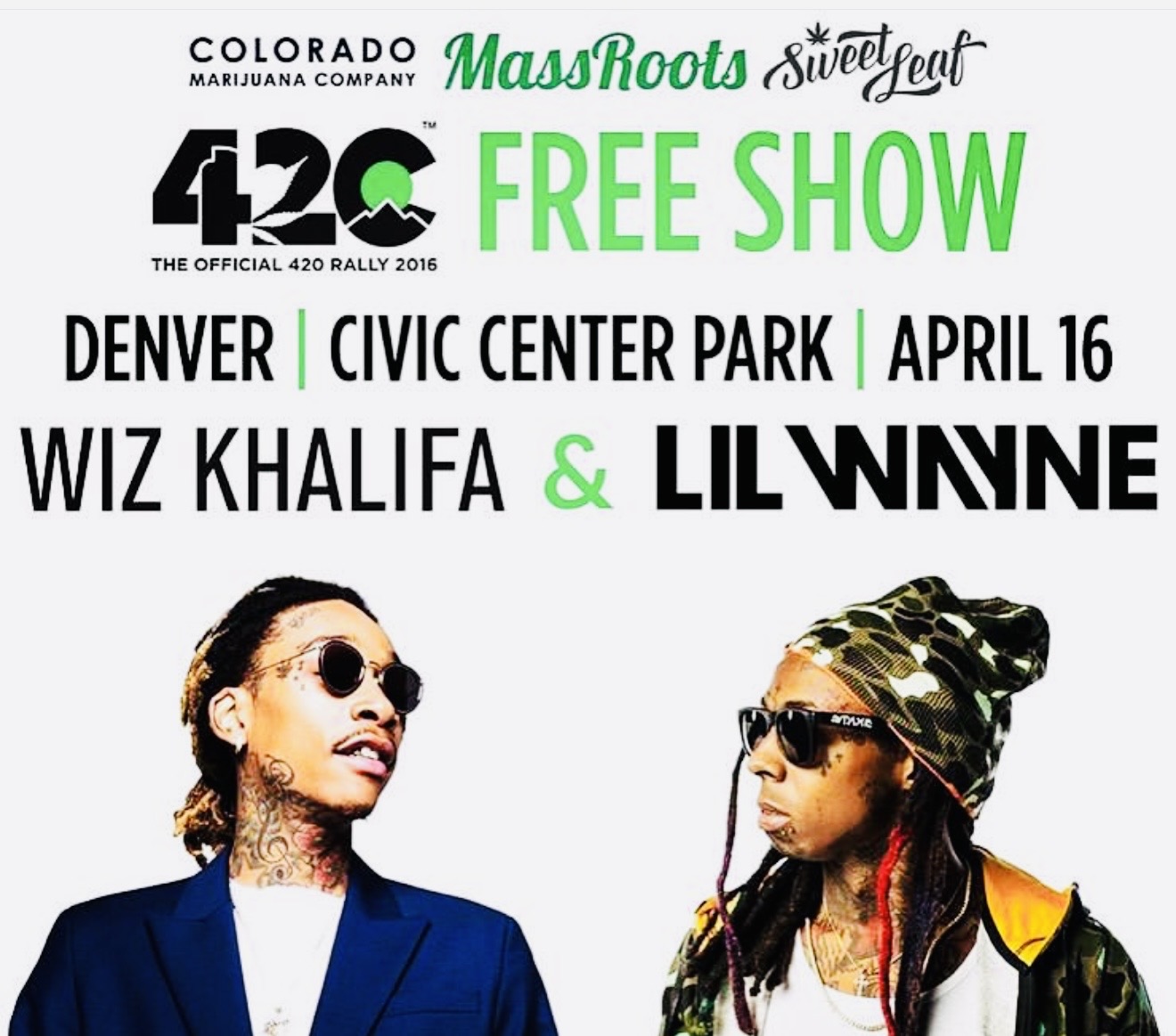 Event poster for free show featuring Wiz Khalifa and Lil Wunne at Civic Center Park, Denver, April 16, with two people wearing sunglasses.