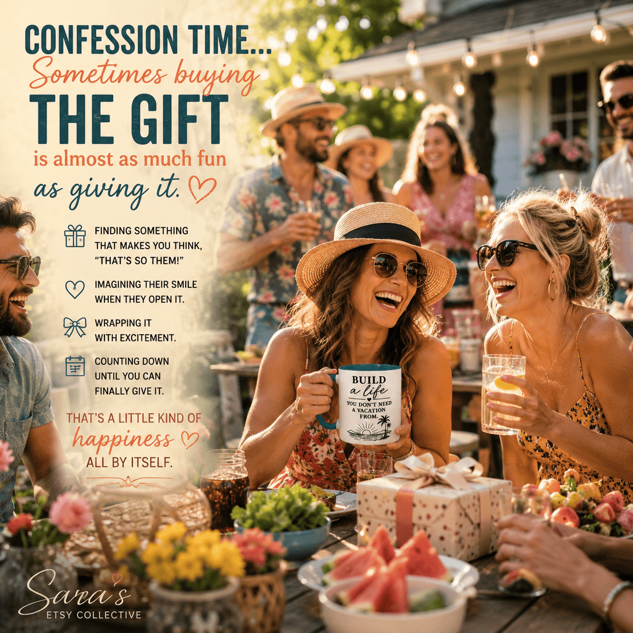Group of people celebrating outdoors with gifts and food, smiling and enjoying a sunny day.