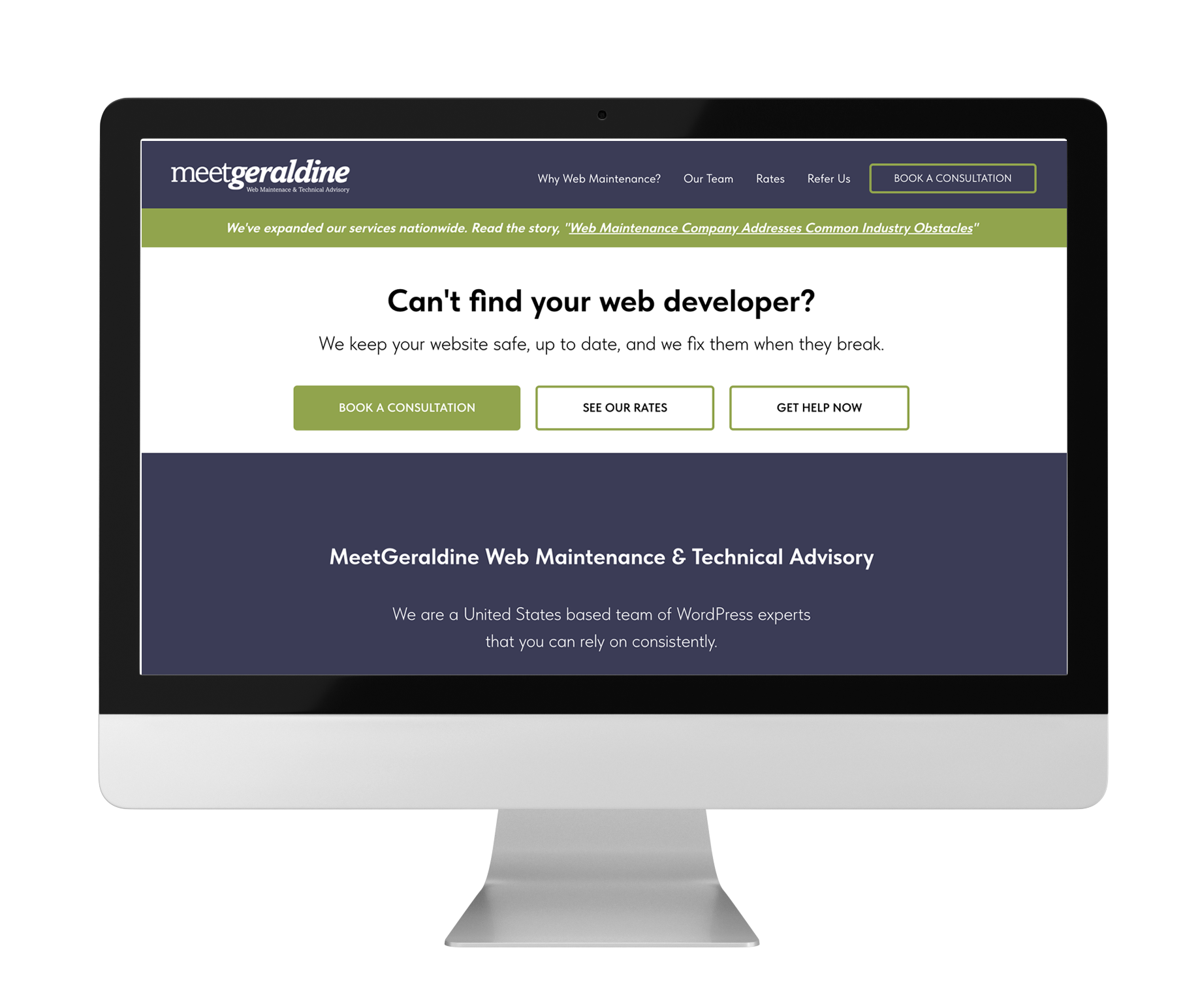 Computer screen displaying a website with a message about web developer services and options to book consultation or see rates.